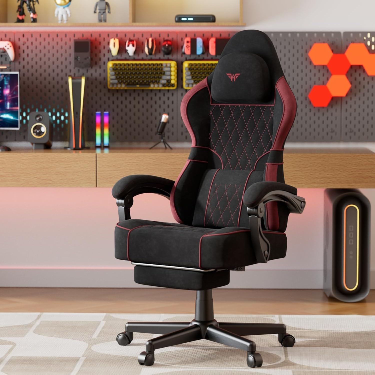 Soontrans Velvet Fabric Gaming Chair, High Back Comfortable Video Game Chair with Footrest and Massage Lumbar Cushion, Racing Office Computer Desk Chair,Ergonomic Gamer Chair for Adult