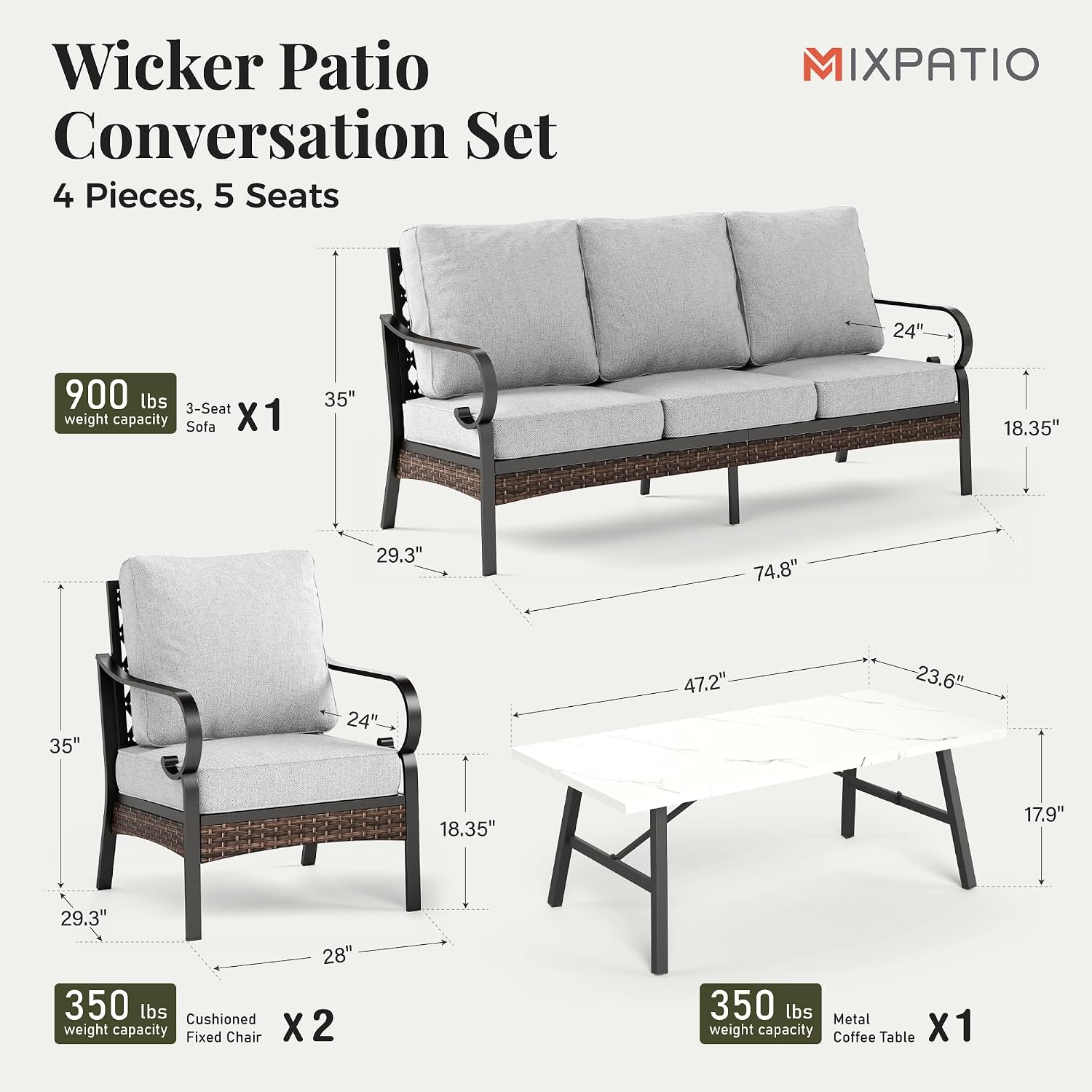 MIXPATIO Patio Furniture Set with Fire Pit Table, 4 PCS Metal Outdoor Conversation Set with 5.75'' Extra Thick Cushion, 2 Chairs, 3-Seat Sofa and Gas Fire Pit Table, Light Grey