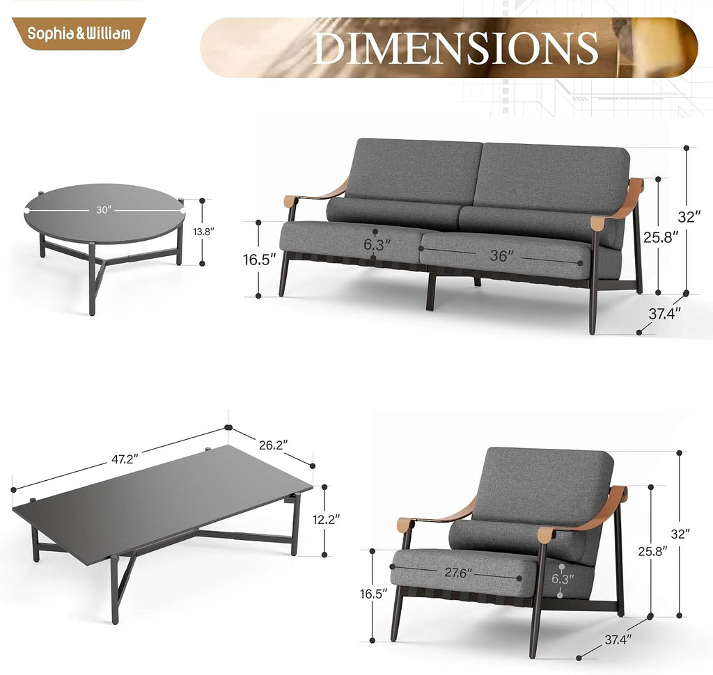 Sophia & William Luxury Patio Furniture Set Outdoor Conversation Set 6pcs, 6.3' Extra Thick Cushion Heavy Duty with Extra Wide & Deep Seat for 4, Side Table with Coffee Table for Pool Garden Backyard