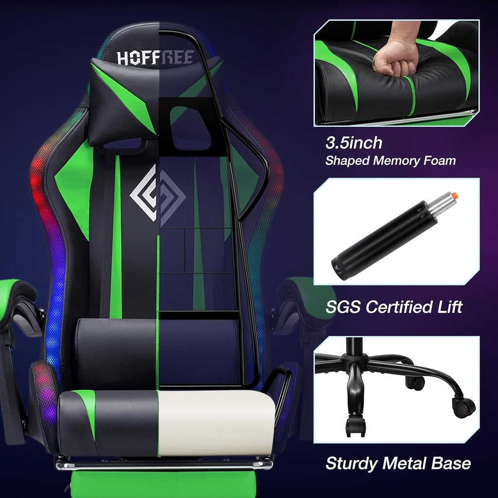 HOFFREE Gaming Chair with LED RGB Lights with Massage and Footrest Ergonomic Computer Chair High Back Video Game Chair with Adjustable Lumbar Support Linkage Armrest Green and Black