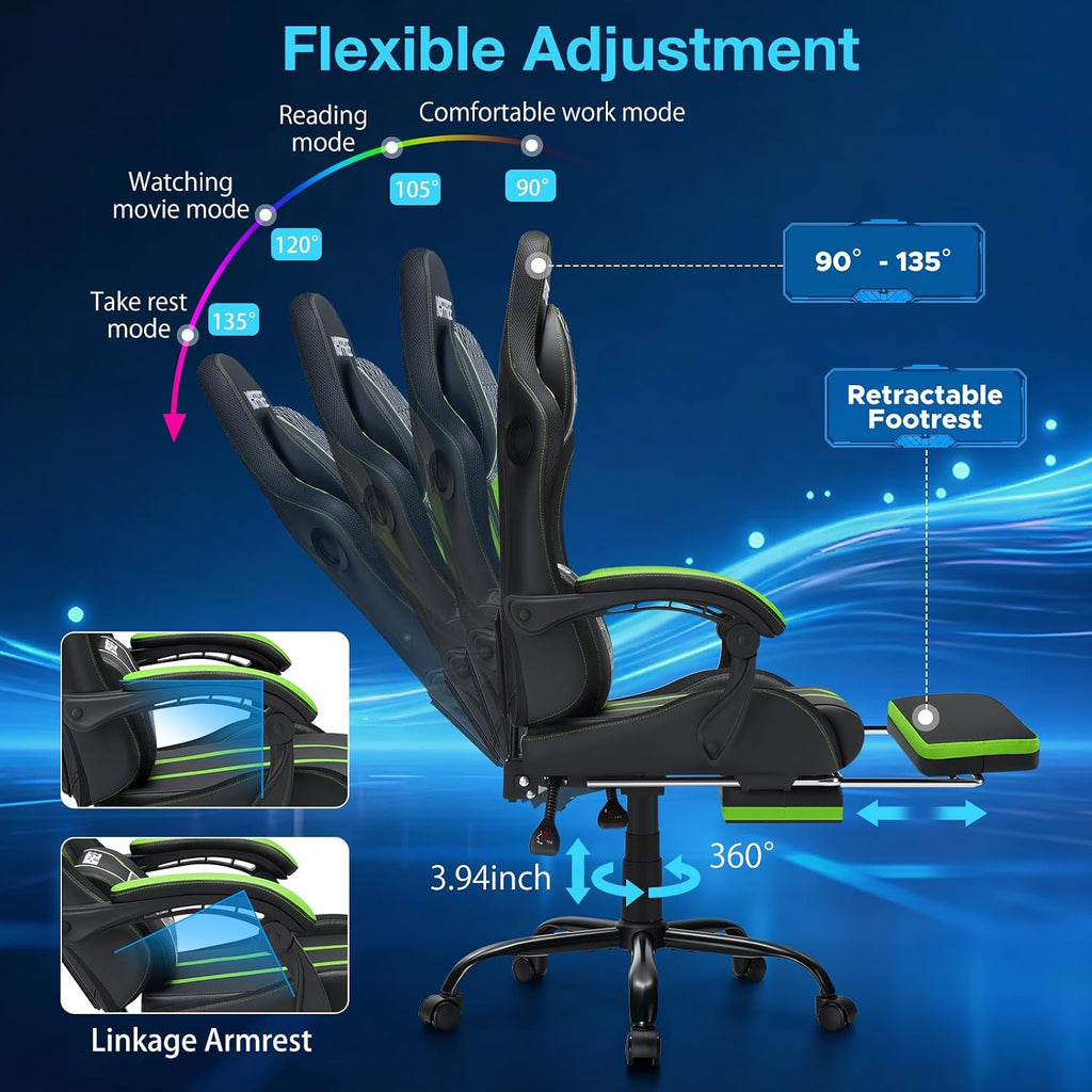HOFFREE LED Gaming Chair with Bluetooth Speakers Massage Gaming Chair with RGB Lights Big and Tall Gamer Chair for 400lbs Heavy People High Back Computer Desk Chair with Footrest Green and Black