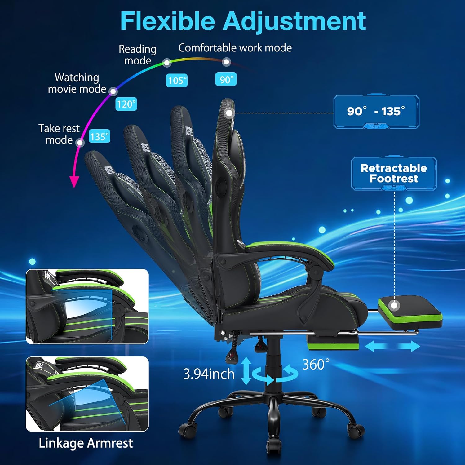 HOFFREE LED Gaming Chair with Bluetooth Speakers Massage Gaming Chair with RGB Lights Big and Tall Gamer Chair for 400lbs Heavy People High Back Computer Desk Chair with Footrest Green and Black
