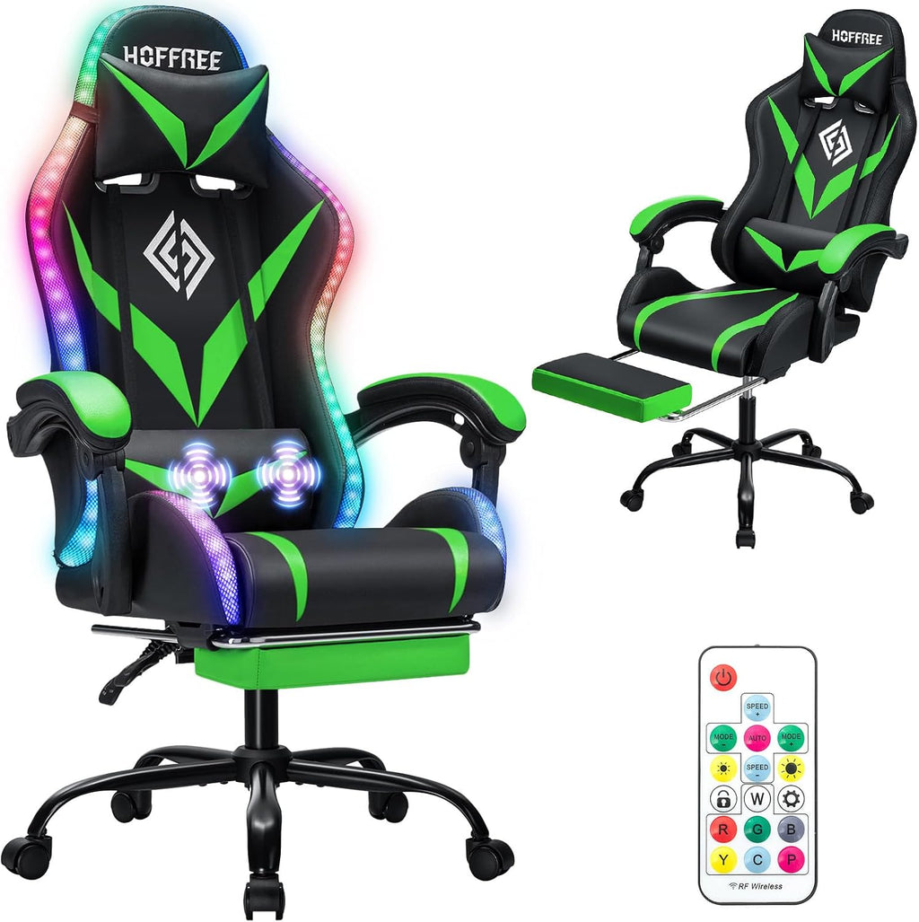 HOFFREE Gaming Chair with LED RGB Lights Massage Ergonomic Video Game Chairs with Footrest High Back Reclining Computer Chair with Adjustable Lumbar Support Green and Black