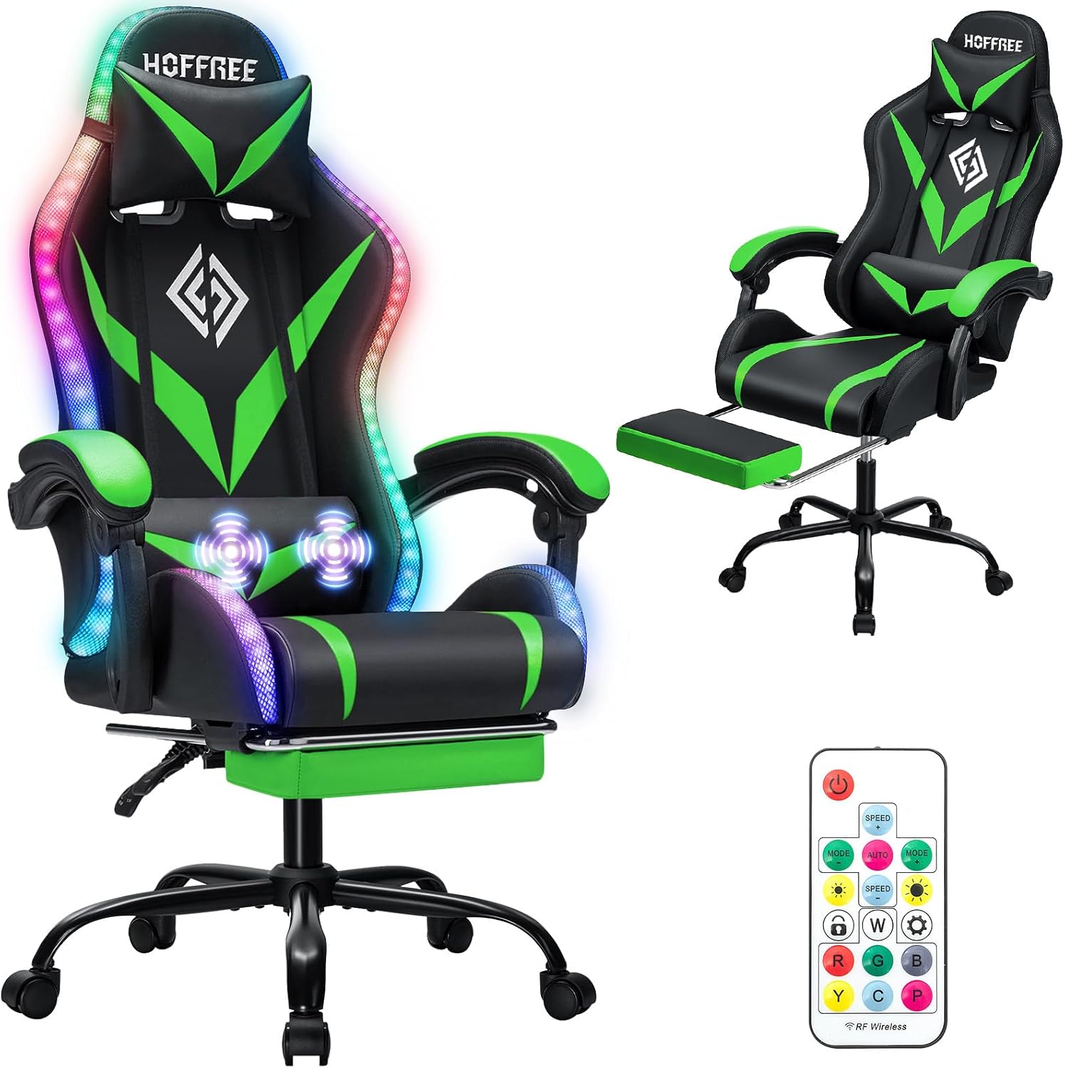 HOFFREE Gaming Chair with LED RGB Lights Massage Ergonomic Video Game Chairs with Footrest High Back Reclining Computer Chair with Adjustable Lumbar Support Green and Black