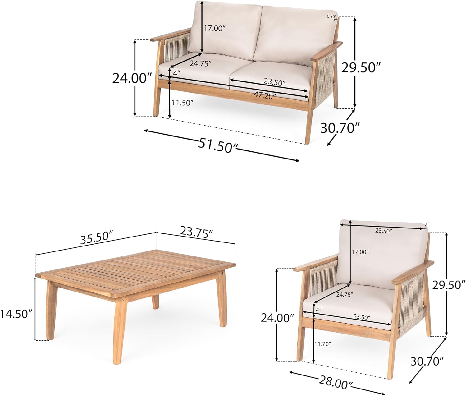 4 Piece Outdoor Patio Furniture Set, Acacia Wood Sectional Sofa wSeat Cushions, All-Weather Patio Conversation Seat with Couches and Coffee Table for Garden Backyard Balcony