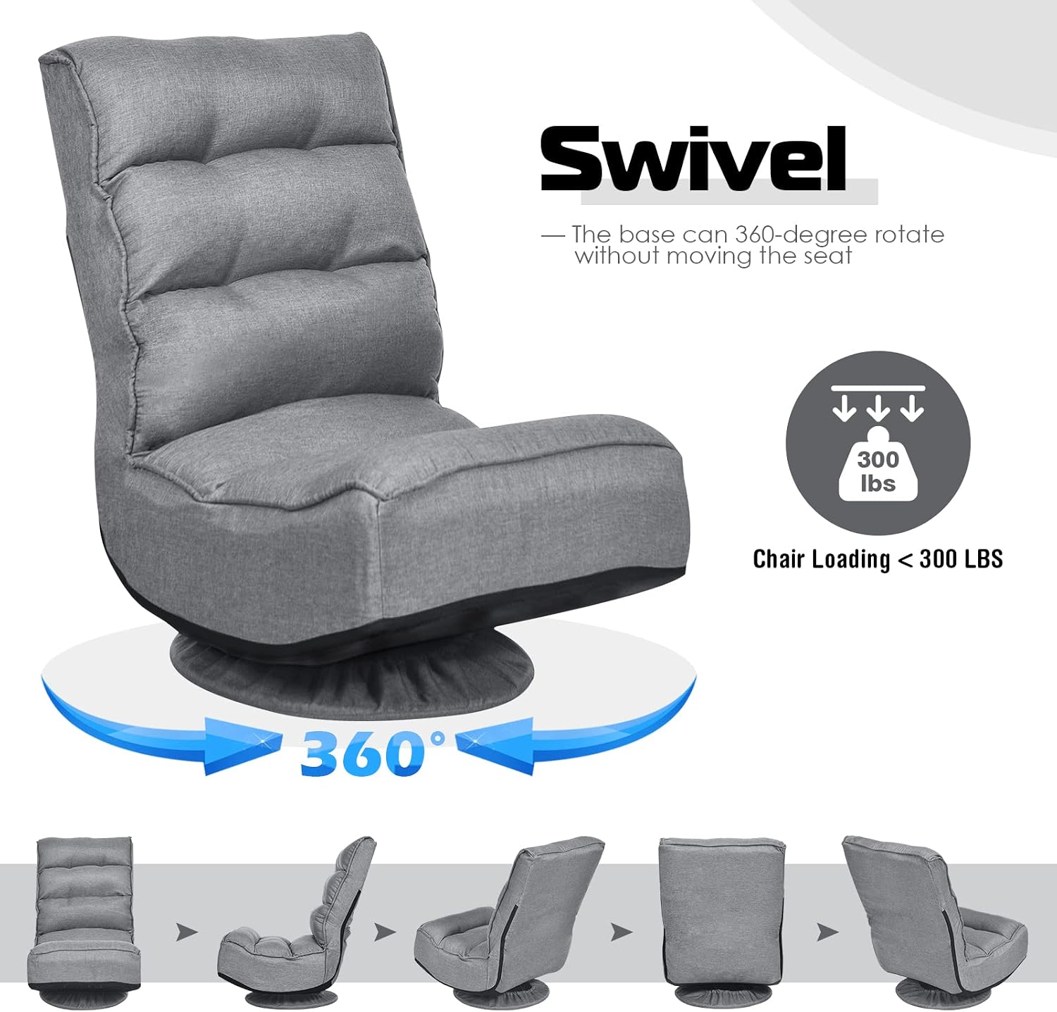 COSTWAY Folding Floor Chair, Adjustable 5-Position Video Gaming Chair with 360 Degree Swivel, Detachable Cover, Padded Backrest, Multipurpose Living Room Floor Lounger for TV, Reading, Playing (Grey)