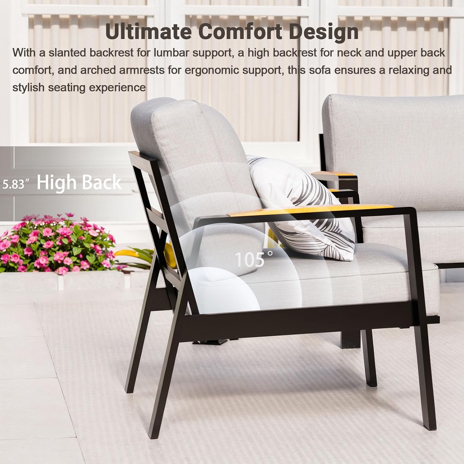 Outdoor Couch Aluminum Patio Furniture Set, 2-Piece All-Weather Metal Armchair Sofa with Solid Teak Armrest and Thick Cushions, Light Gray