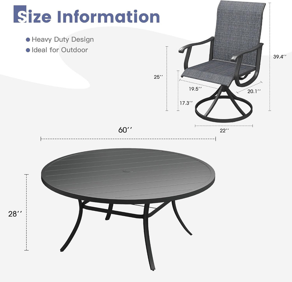 VICLLAX 9 Pieces Outdoor Dining Set, Patio Furniture Set of 8 Patio Swivel Dining Chairs and 60' Patio Round Table, Dark Charcoal Chairs & Black Tabletop
