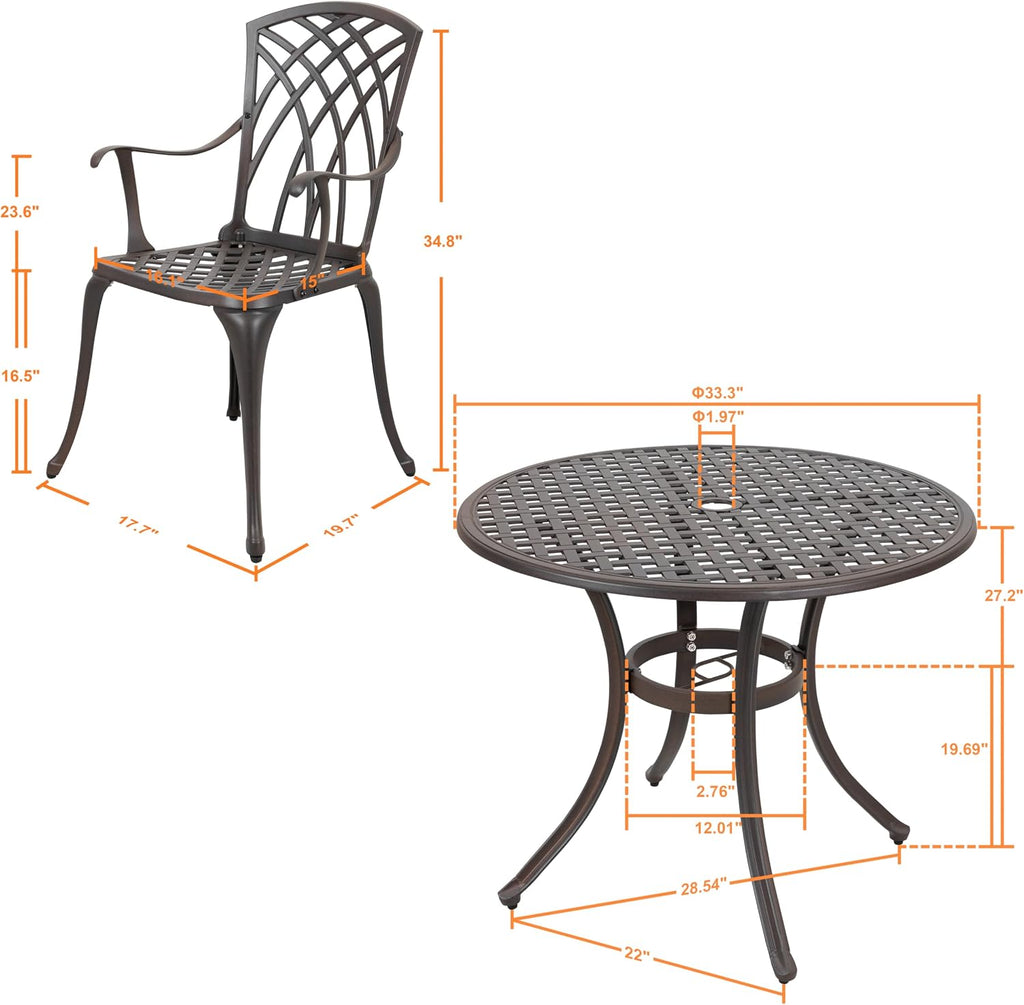 NUU GARDEN 5 Piece Outdoor Patio Dining Set, All-Weather Round Cast Aluminum Dining Table with 1.97'' Umbrella Hole and Outdoor Patio Dining Chairs for Patio, Garden, Backyard, Balcony, Bronze