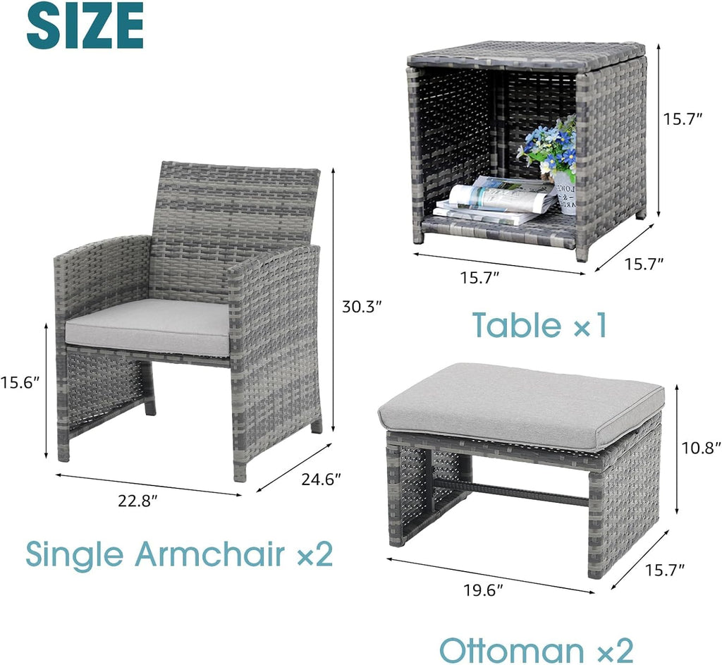 OC Orange-Casual 5 Piece Patio Furniture Set, Wicker Outdoor Conversation Chair and Ottoman Set with Coffee Table, Pillows Included, for Balcony, Porch, Deck, Light Grey