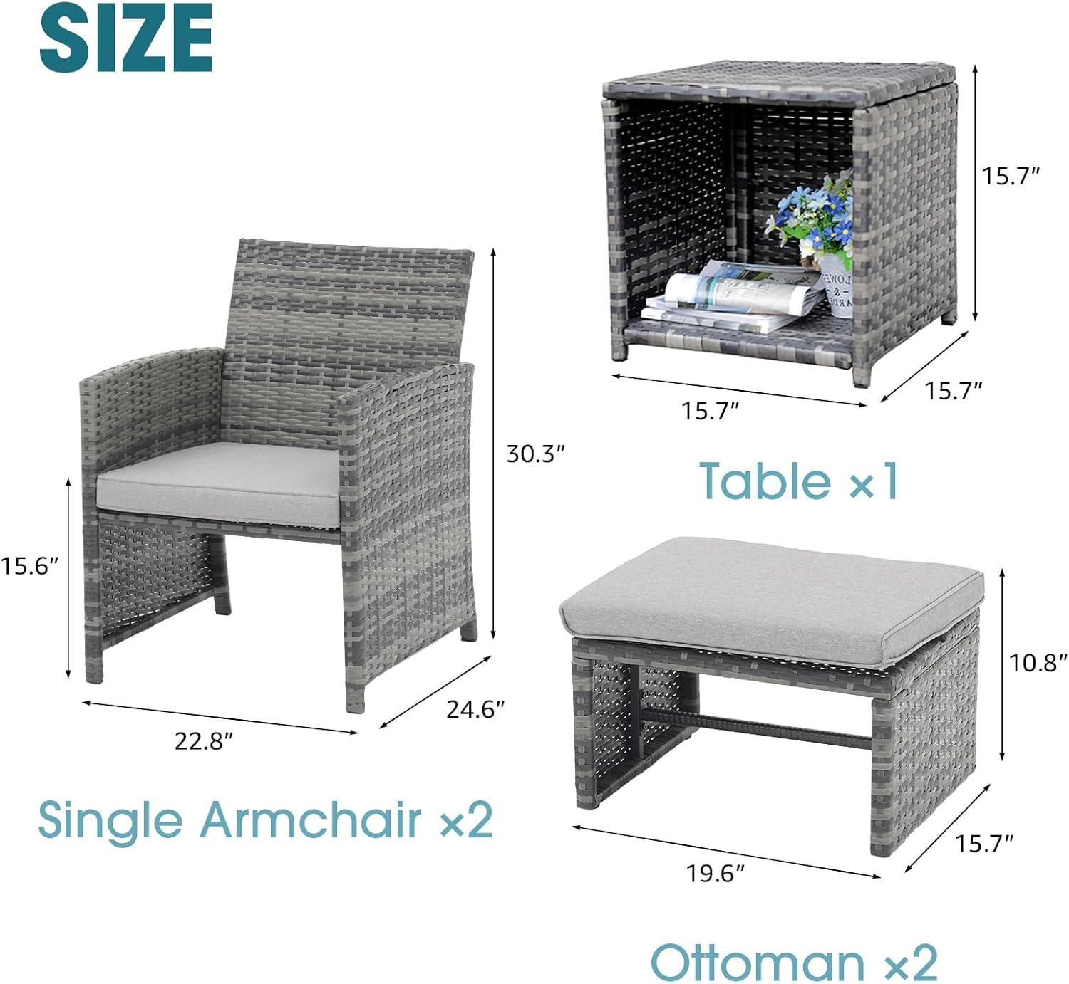 OC Orange-Casual 5 Piece Patio Furniture Set, Wicker Outdoor Conversation Chair and Ottoman Set with Coffee Table, Pillows Included, for Balcony, Porch, Deck, Light Grey
