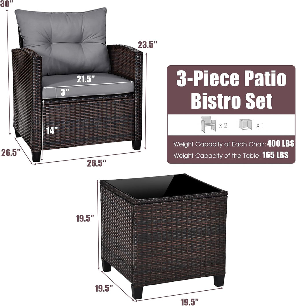 KOTEK 3 Piece Patio Furniture Set, Outdoor Conversation Set with Washable Cushions & Tempered Glass Tabletop, PE Rattan Wicker Bistro Set for Porch, Garden, Balcony (Grey)
