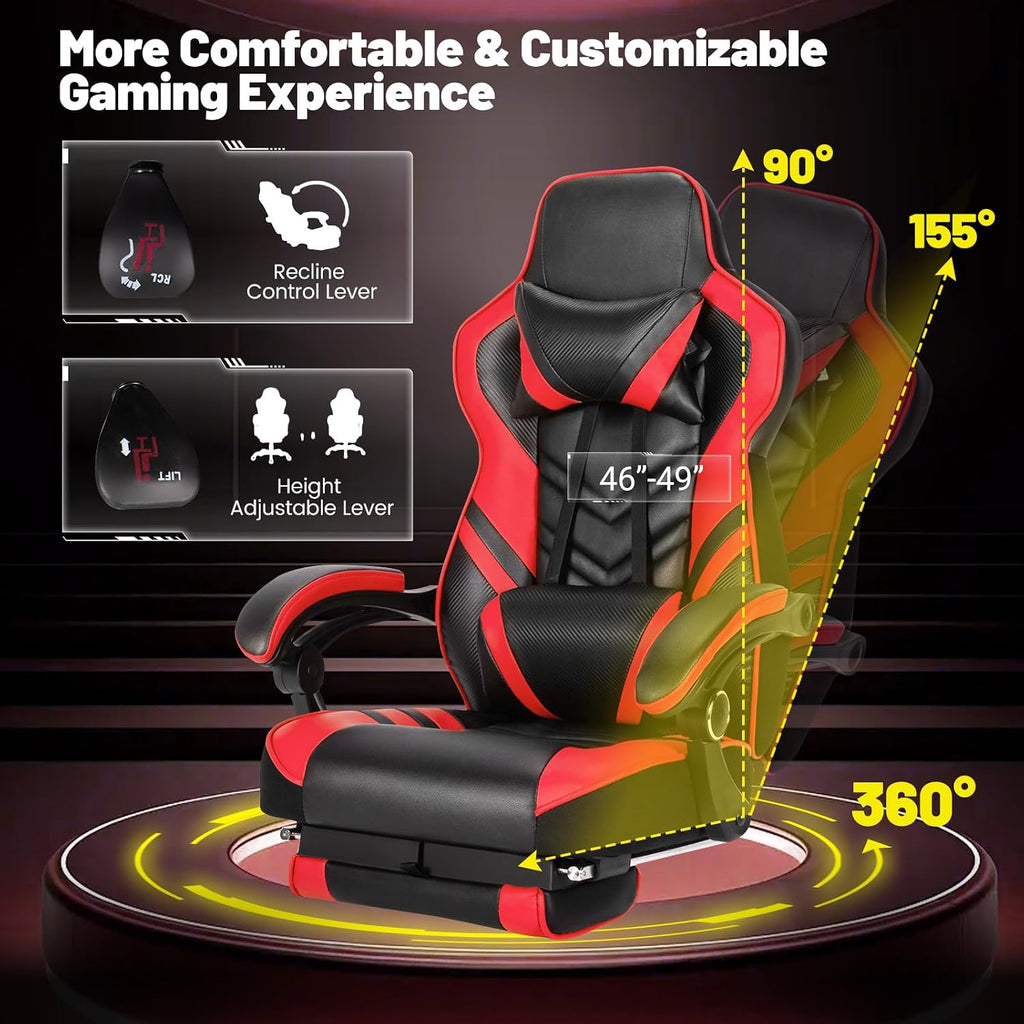 Goplus Gaming Chair, Computer Chair with Footrest and Lumbar Support, Height Adjustable Executive Swivel Rolling Task Chair with 90°-155° Tilt Function (Red)