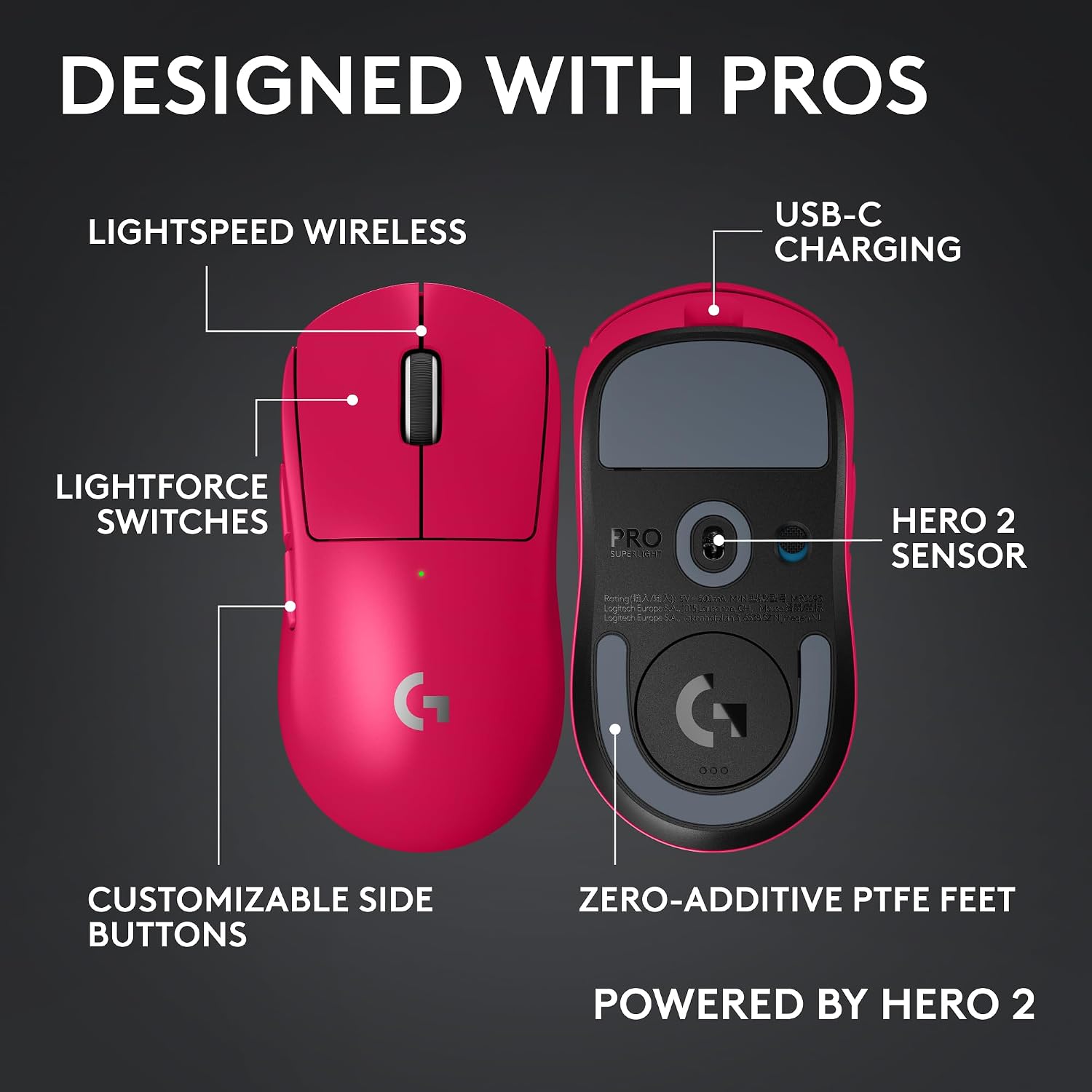 Pro X Superlight 2c Wireless Gaming Mouse: 51g Compact Mini Size, Symmetrical Shape, <8 kHz Polling, 44K DPI, PowerPlay Wireless Charging Supported, USB-C, 5 Programmable Buttons, For PC/Mac - Magenta