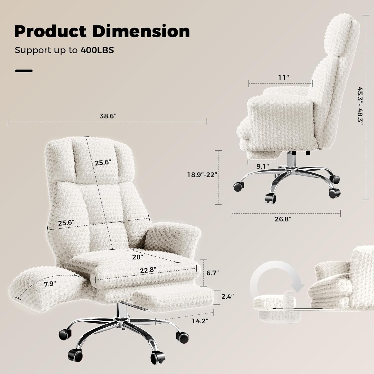HOMRELEXA Big and Tall Office Chair, Flip Armrests for Pets & Cross Legged Sitting, Executive Ergonomic Computer Gaming Chair with Foot Rest, White Rose Velvet Wide Seat Reclining Desk Chair