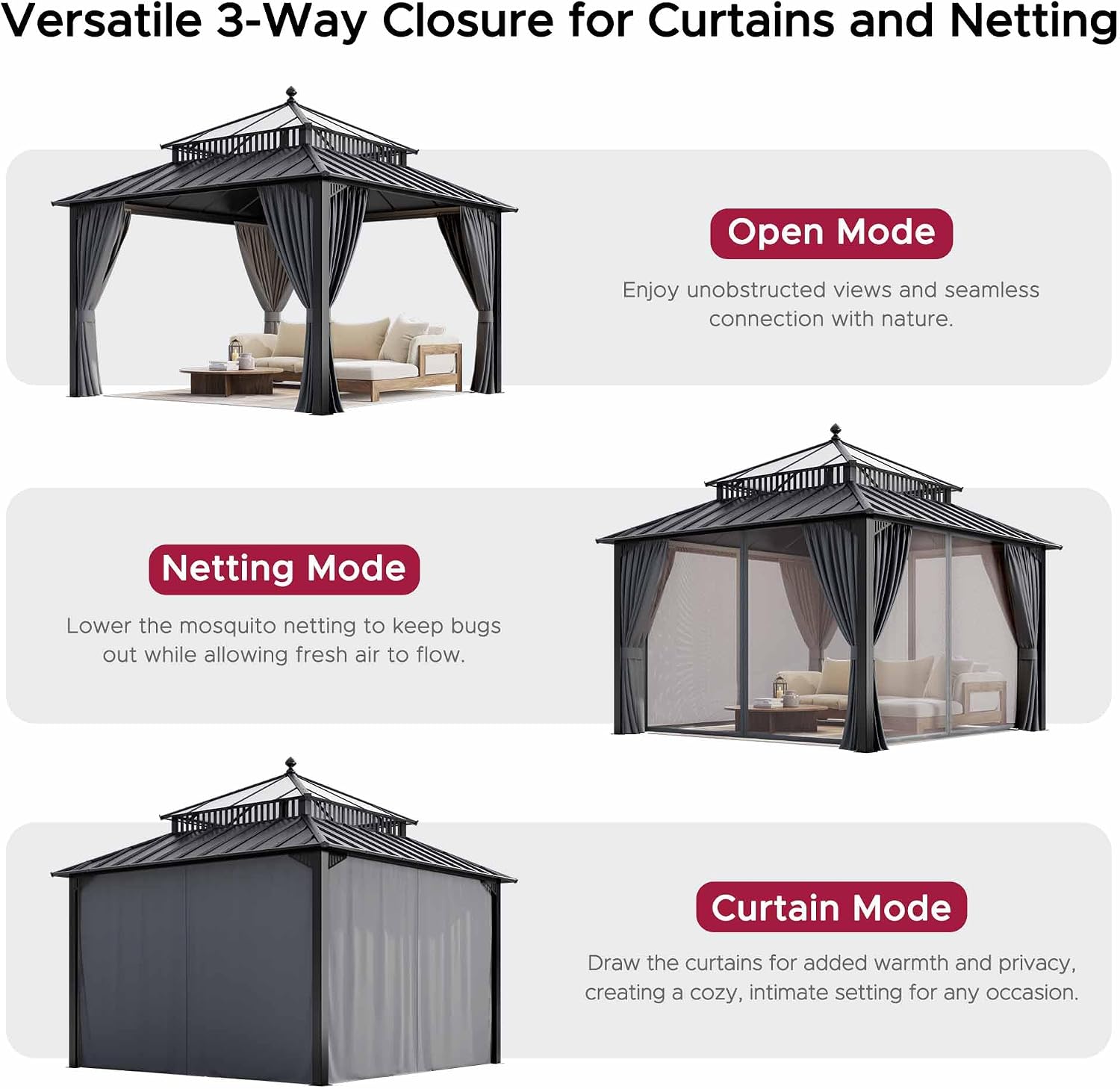 SUNJOY Kingston 12' x 12' Hardtop Gazebo with Galvanized Steel/Polycarbonate Double Roof, Curtain and Netting, Gray Aluminum Posts Permanent Pavilion Gazebo for Garden, Patio, Deck, Lawn