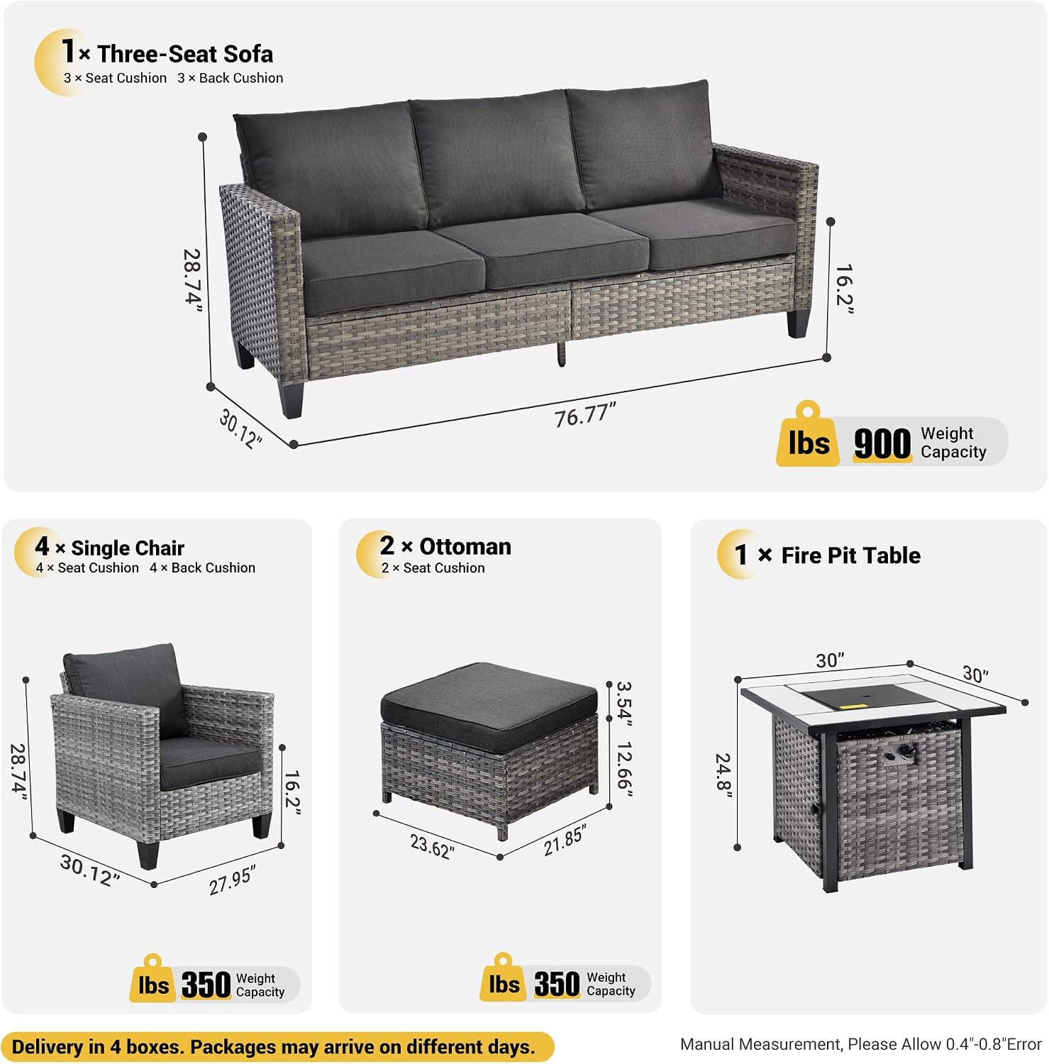 ovios 8 Pieces Patio Furniture Set with 30' Fire Pit Table, Outdoor Wicker Sofa with Comfy Cushions, All Weather High Back Rattan Couch Conversation Set, Black