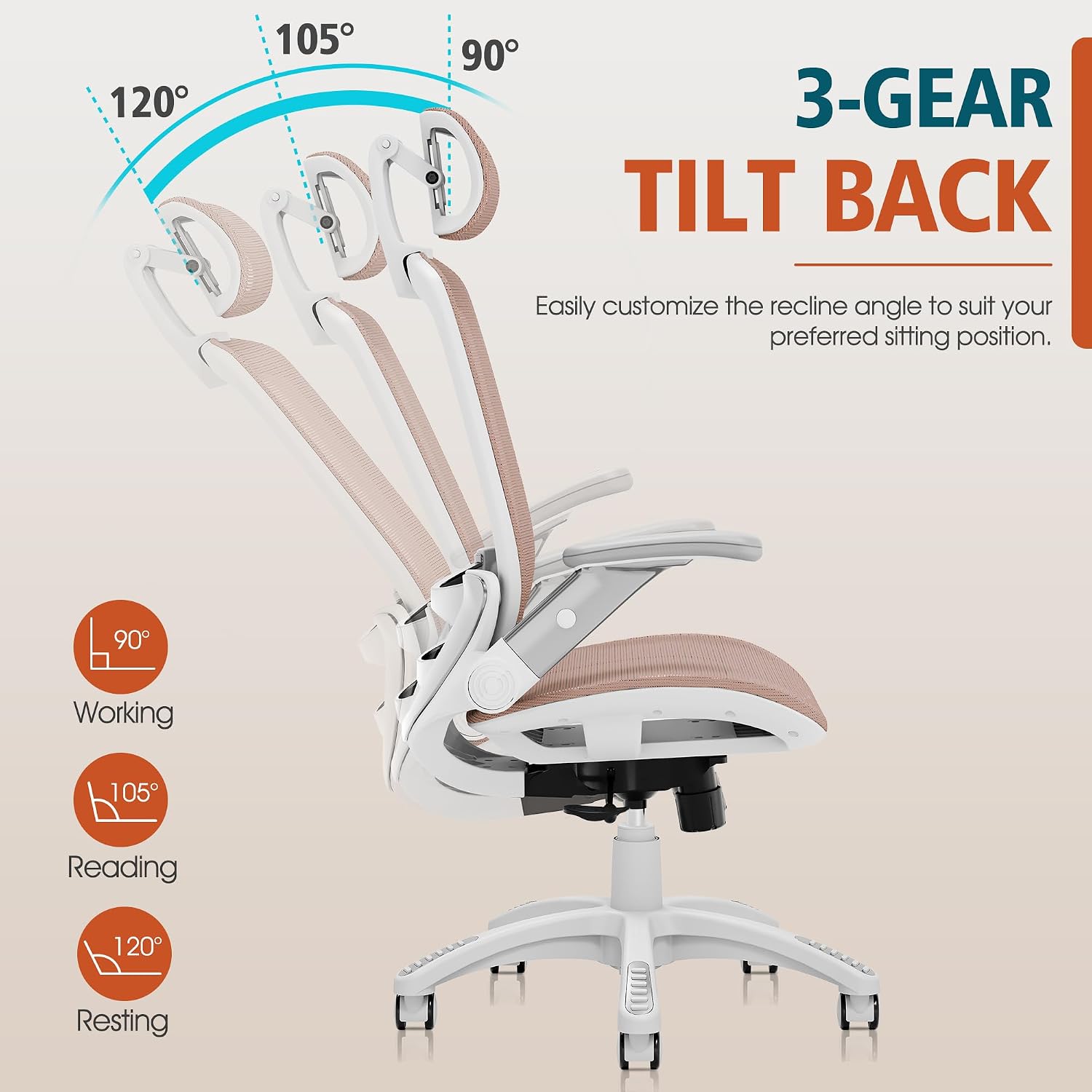GABRYLLY Ergonomic Office Chair, High Back Home Desk Chair with Headrest, Flip-Up Arms, 90-120° Tilt Lock and Wide Cushion, 300LBS Mesh Chairs for Man Woman, White Task Chair(Pink,GY01WPK)