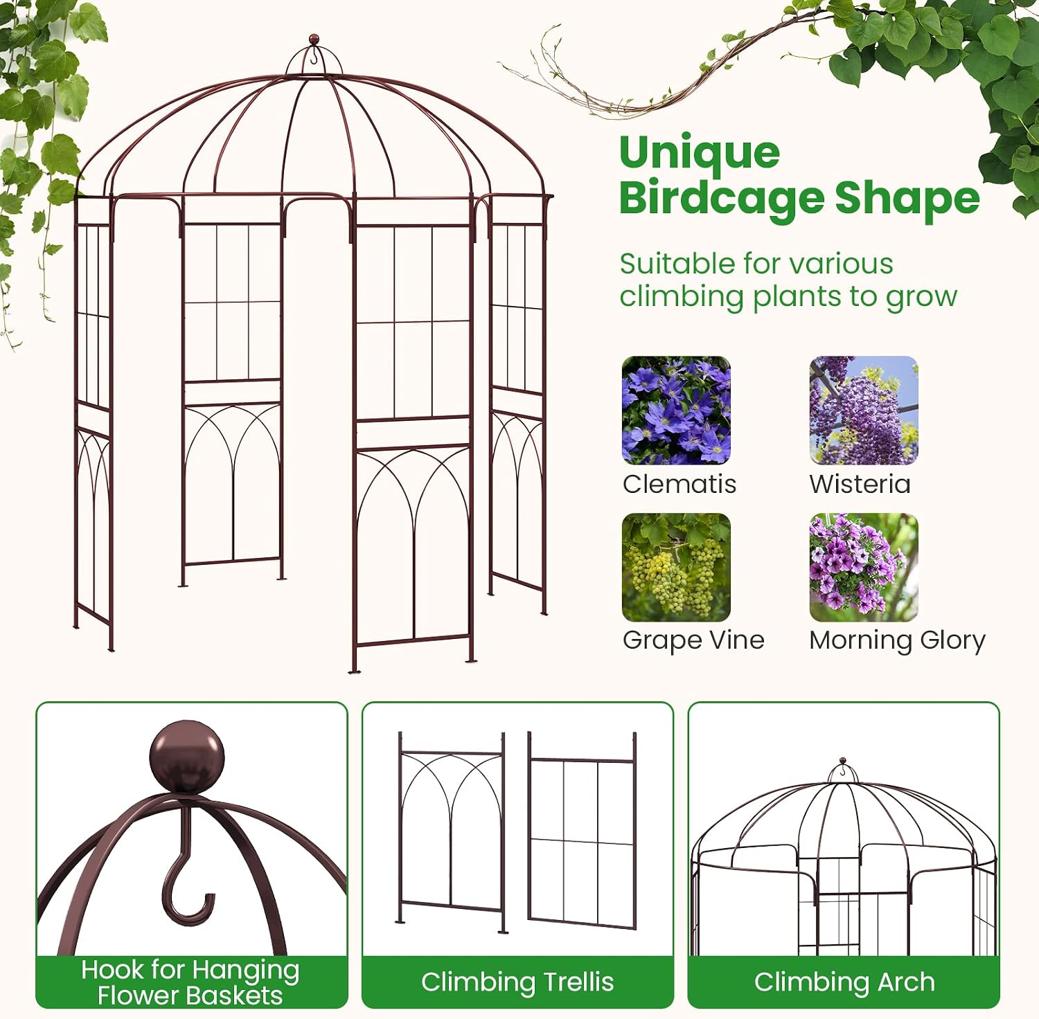 Giantex Birdcage Shape Garden Arbor, 8.4ft High x 7ft Wide, Metal Gazebo Arch Pergola Pavilion for Climbing Plants Party Wedding Ceremony Decor Outdoor, 16 Ground Stakes, Easy Assembly (Bronze)