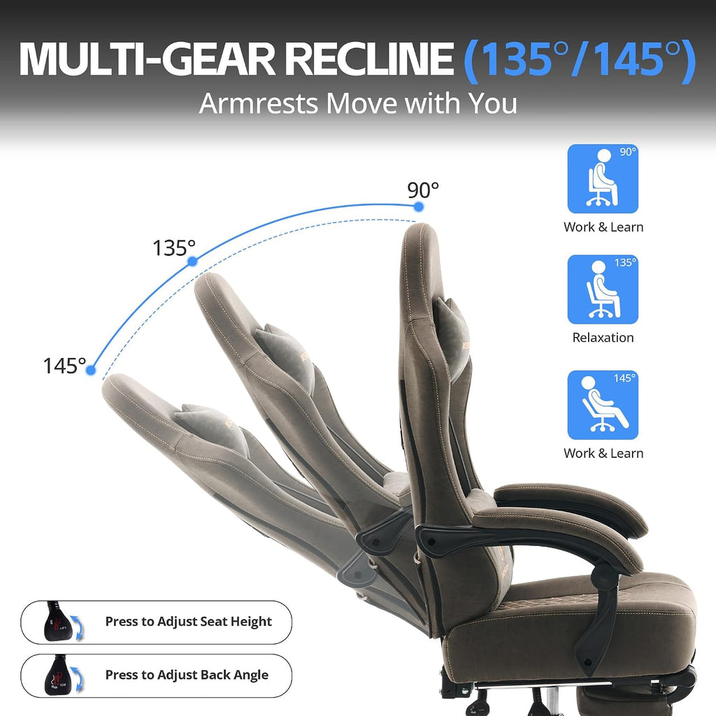 Gaming Chair Breathable Leather with Pocket Spring Cushion, Wide and High Ergonomic Office Chair with Headrest, Computer Gaming Chair with Footrest for Adult and Teen (Grey Leather)