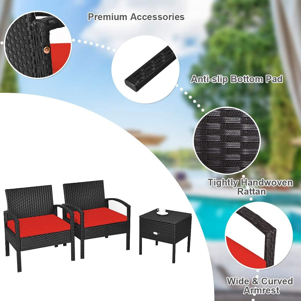HAPPYGRILL 3 Piece Patio Conversation Set Rattan Wicker Sofa Set with Removable Cushions and Coffee Table, Outdoor Furniture Bistro Chairs Set with Storage Table for Garden Poolside Balcony