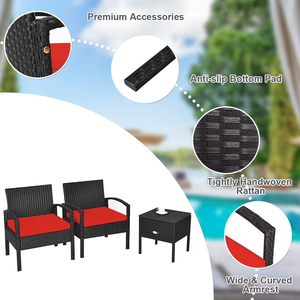 HAPPYGRILL 3 Piece Patio Conversation Set Rattan Wicker Sofa Set with Removable Cushions and Coffee Table, Outdoor Furniture Bistro Chairs Set with Storage Table for Garden Poolside Balcony