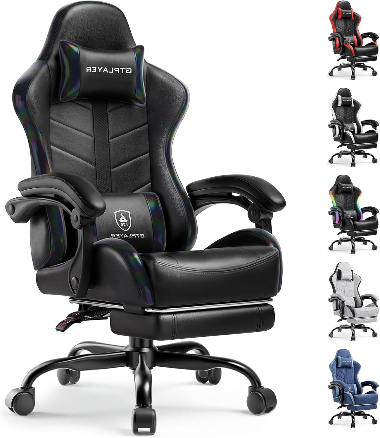 GTPLAYER Gaming Chair with Footrest, Computer Gaming Chair for Adults and Kids, Height Adjustable Gamer Chair with 90-155° Recline & Removable Headrest Lumbar Support, 01 Iridescent Black