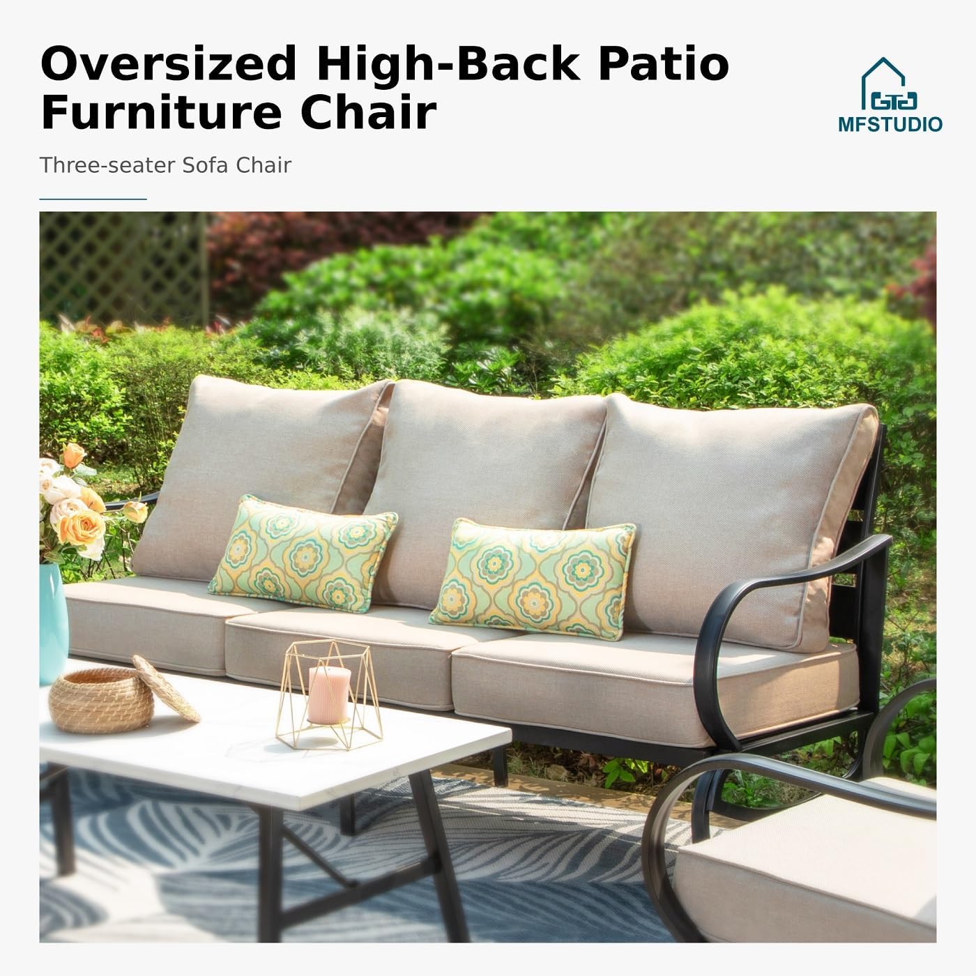 MFSTUDIO Patio Furniture Sets,Outdoor Metal Patio Conversation Sofas with 1 x 3-Seat Sofa for Garden,Beige Cushion