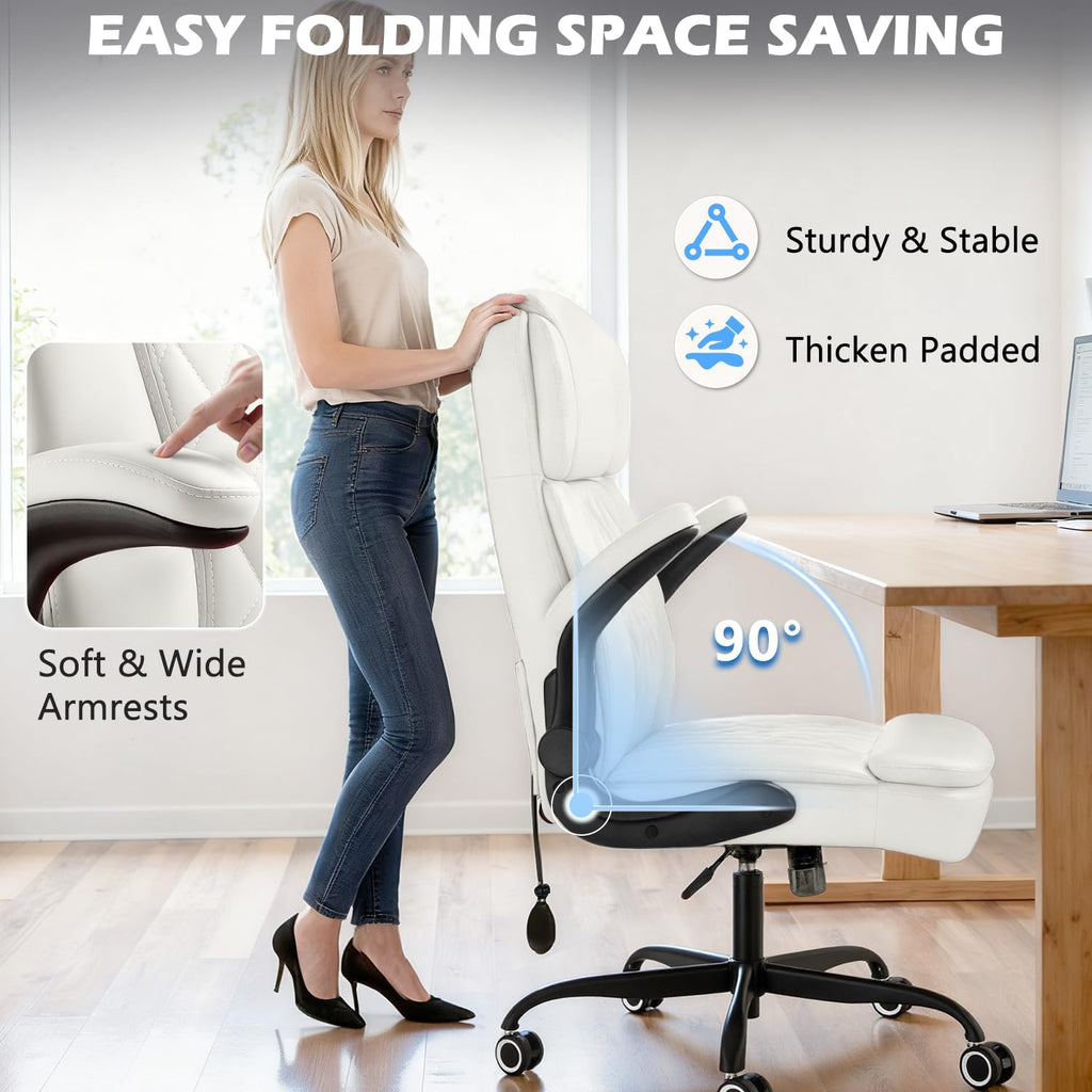 450 LBS Big and Tall Executive Office Chair with Flip up Arm, Heavy Duty Leather Computer Desk Chair,Comfortable High Back Swivel Home Office Chair with Rolling for Adults (White)