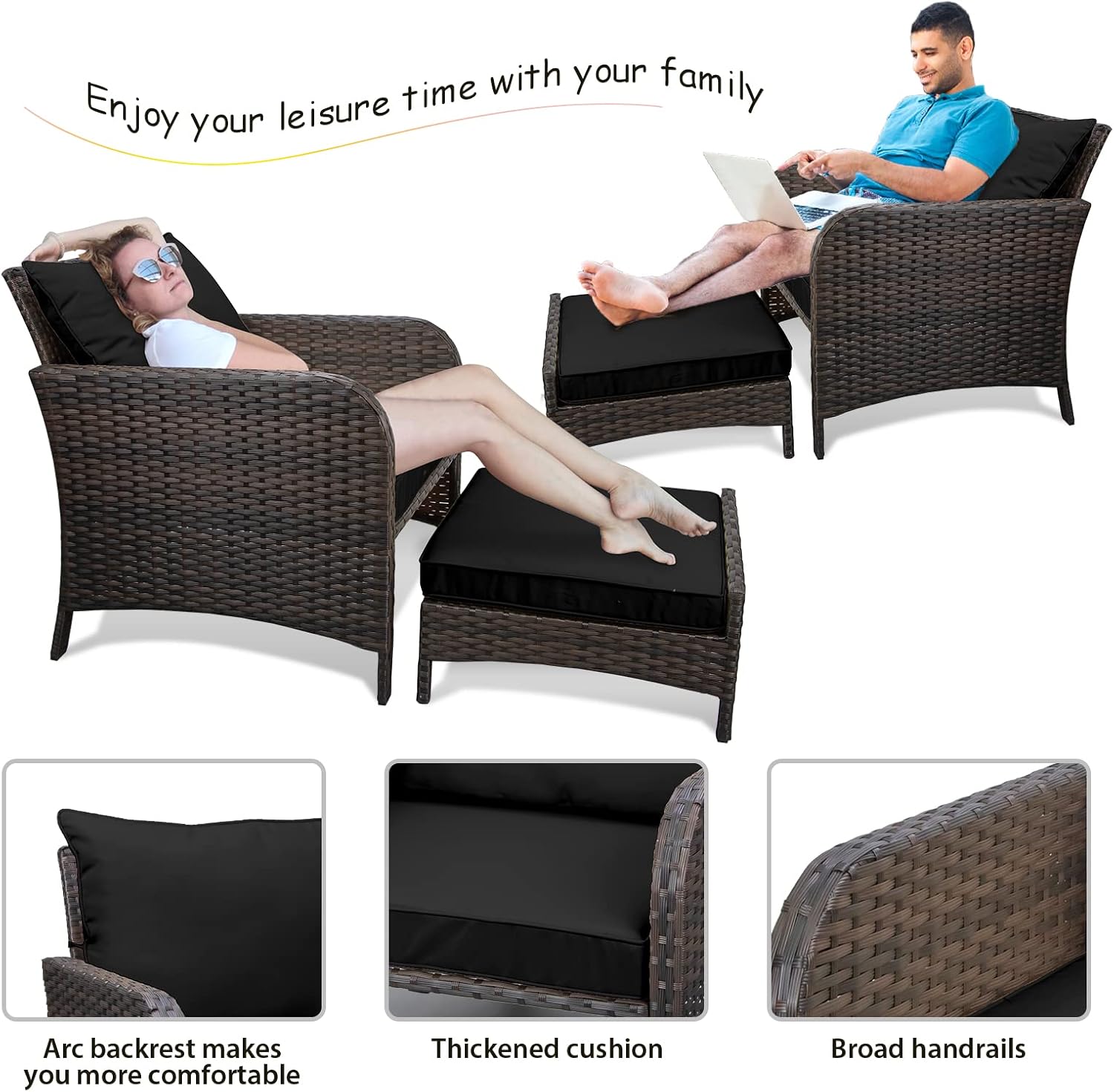 LEVELEVE Balcony Furniture 5 Piece Patio Conversation Set, PE Wicker Rattan Outdoor Lounge Chairs with Soft Cushions 2 Ottoman&Glass Table for Porch, Lawn-Brown Wicker（Black