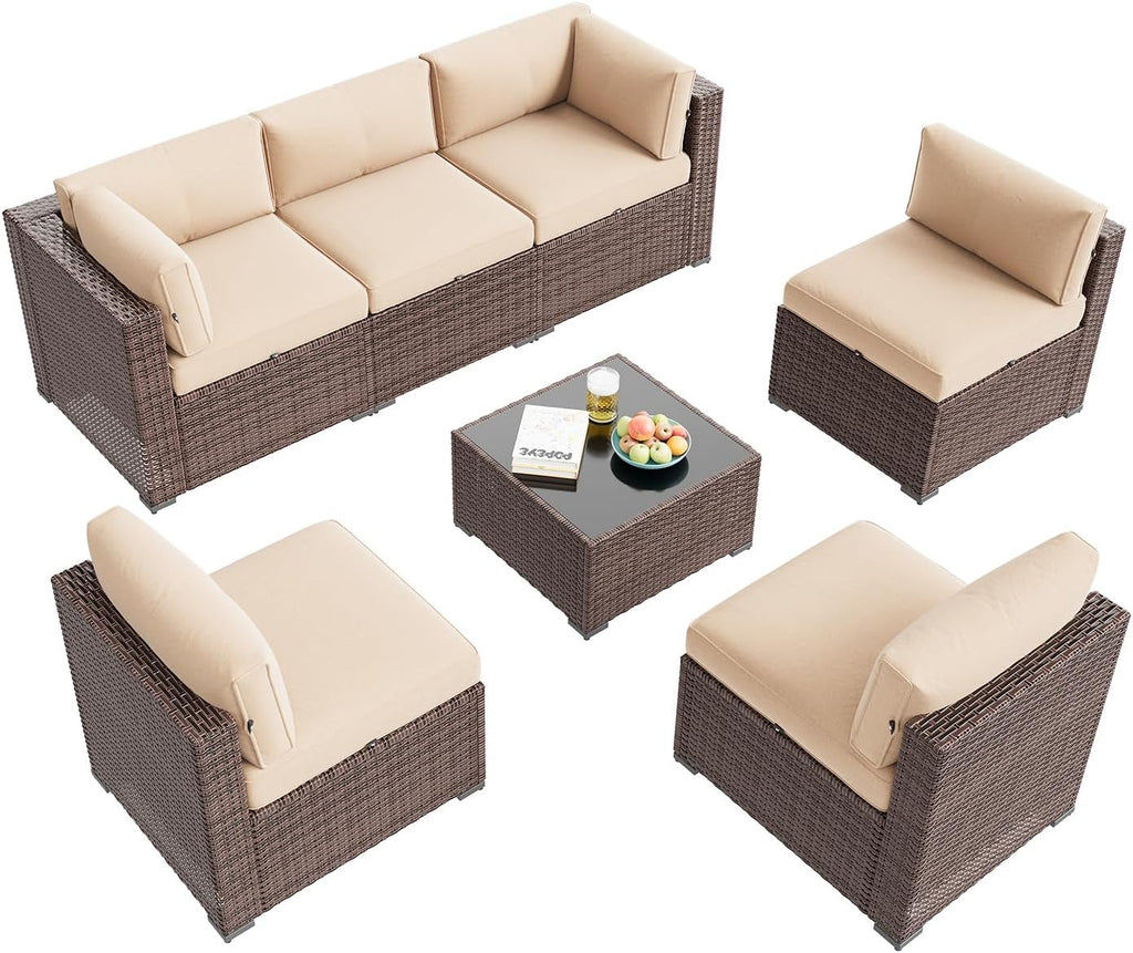 Aoxun Patio Furniture Set, 7 Piece Outdoor Sectional Sofas with Waterproof Cover, Wicker Rattan Outdoor Furniture Patio Conversation Set for Backyard, Garden (Brown Rattan Begin Cushions)