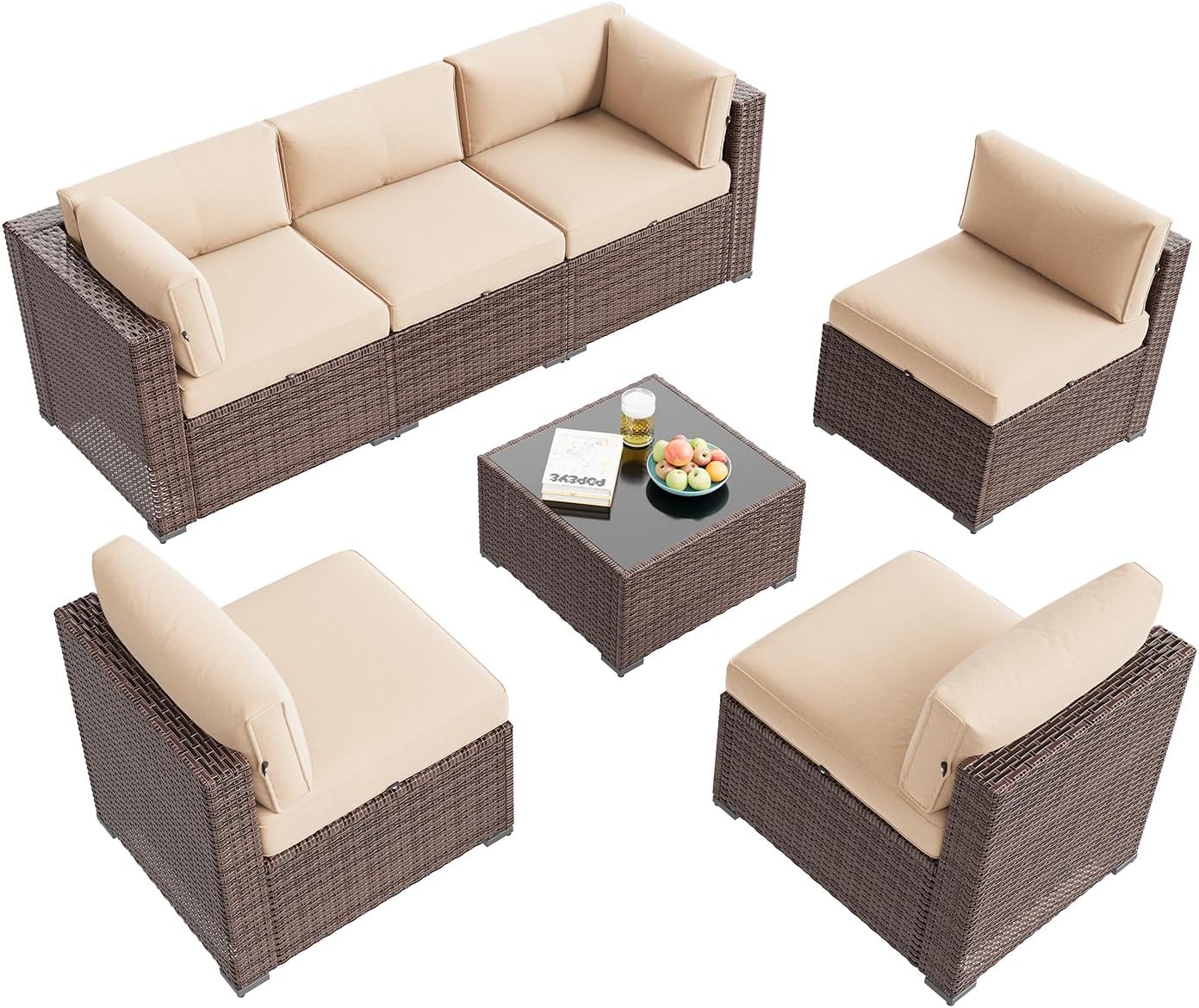 Aoxun Patio Furniture Set, 7 Piece Outdoor Sectional Sofas with Waterproof Cover, Wicker Rattan Outdoor Furniture Patio Conversation Set for Backyard, Garden (Brown Rattan Begin Cushions)