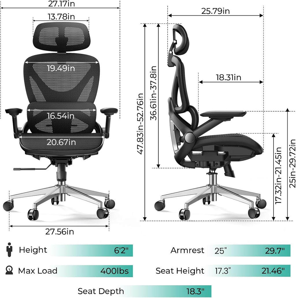 CAPOT Ergonomic Mesh Office Chair, Adjustable Lumbar High Back Desk Chair 400lbs, 4D Flip-up Arms, 3-Level Tilt Backrest, 3D Headrest, PU Wheels, Swivel Rolling Computer Seating for Long Desk Work