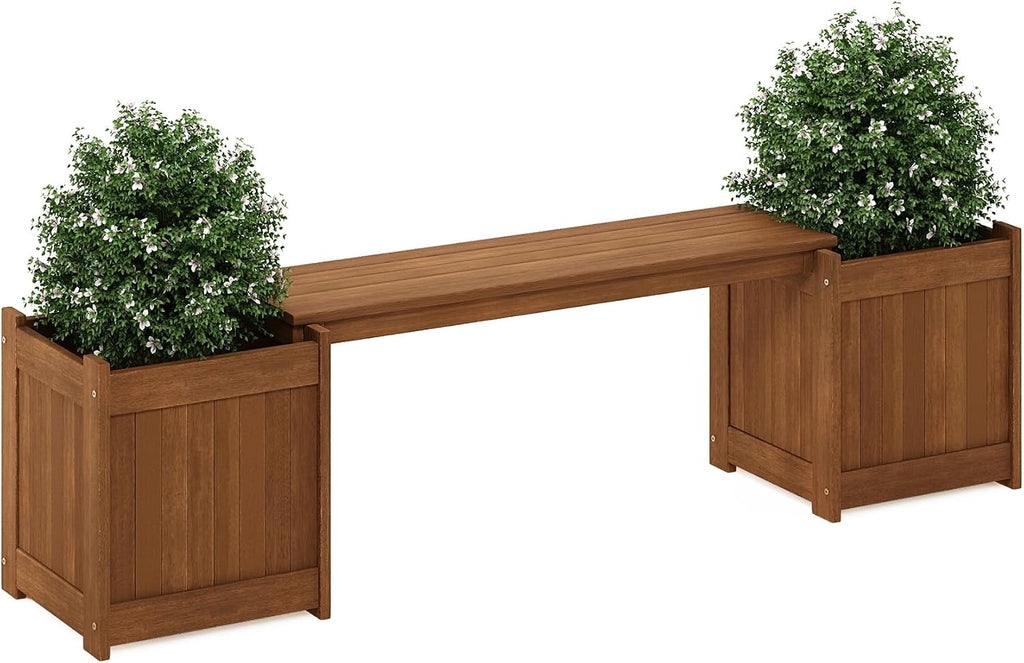 Furinno TIOMAN Planter Box with Bench, Hardwood Flower Box with Seat, Cube Garden Box, in Teak Oil, Outdoor Indoor, Garden, Patio, Balcony, Light Wood