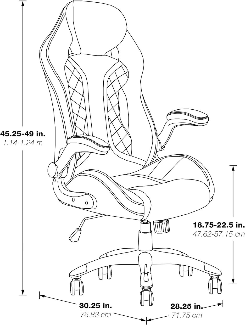 OSP Home Furnishings Xplorer 51 Ergonomic Adjustable High Back Gaming Chair with Lumbar Support and Padded Flip Arms, Black Faux Leather with White Trim
