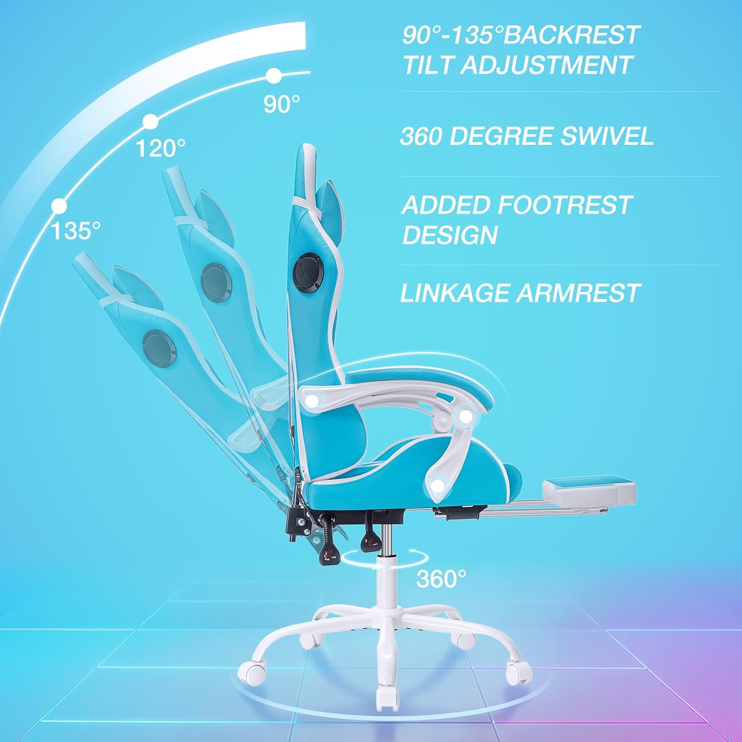 HOFFREE RGB Gaming Chair with Speakers Massage Computer Gaming Chair with LED Lights and Footrest High Back Video Game Chair for Adults Light Blue and White
