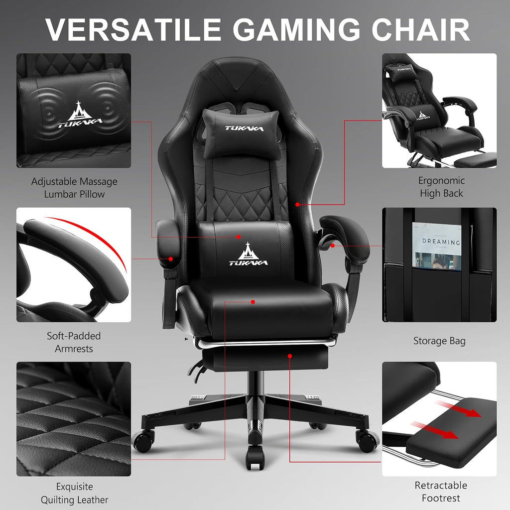 Gaming Chair,Ergonomic Massage Computer Office Desk Chair with Footrest,Pocket Spring Cushion,Reclining Leather Adjustable Gamer Chair with Headrest and Lumbar Support,Black