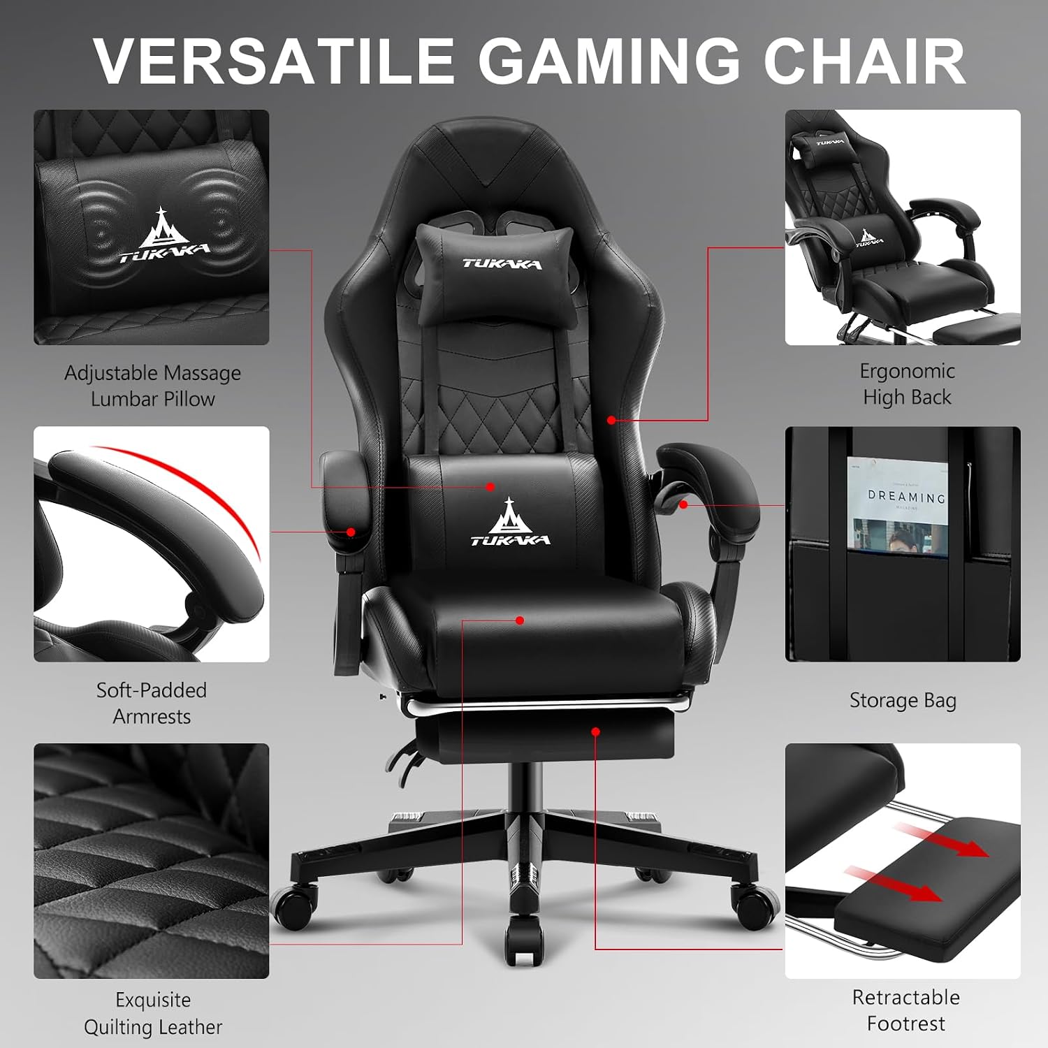 Gaming Chair,Ergonomic Massage Computer Office Desk Chair with Footrest,Pocket Spring Cushion,Reclining Leather Adjustable Gamer Chair with Headrest and Lumbar Support,Black