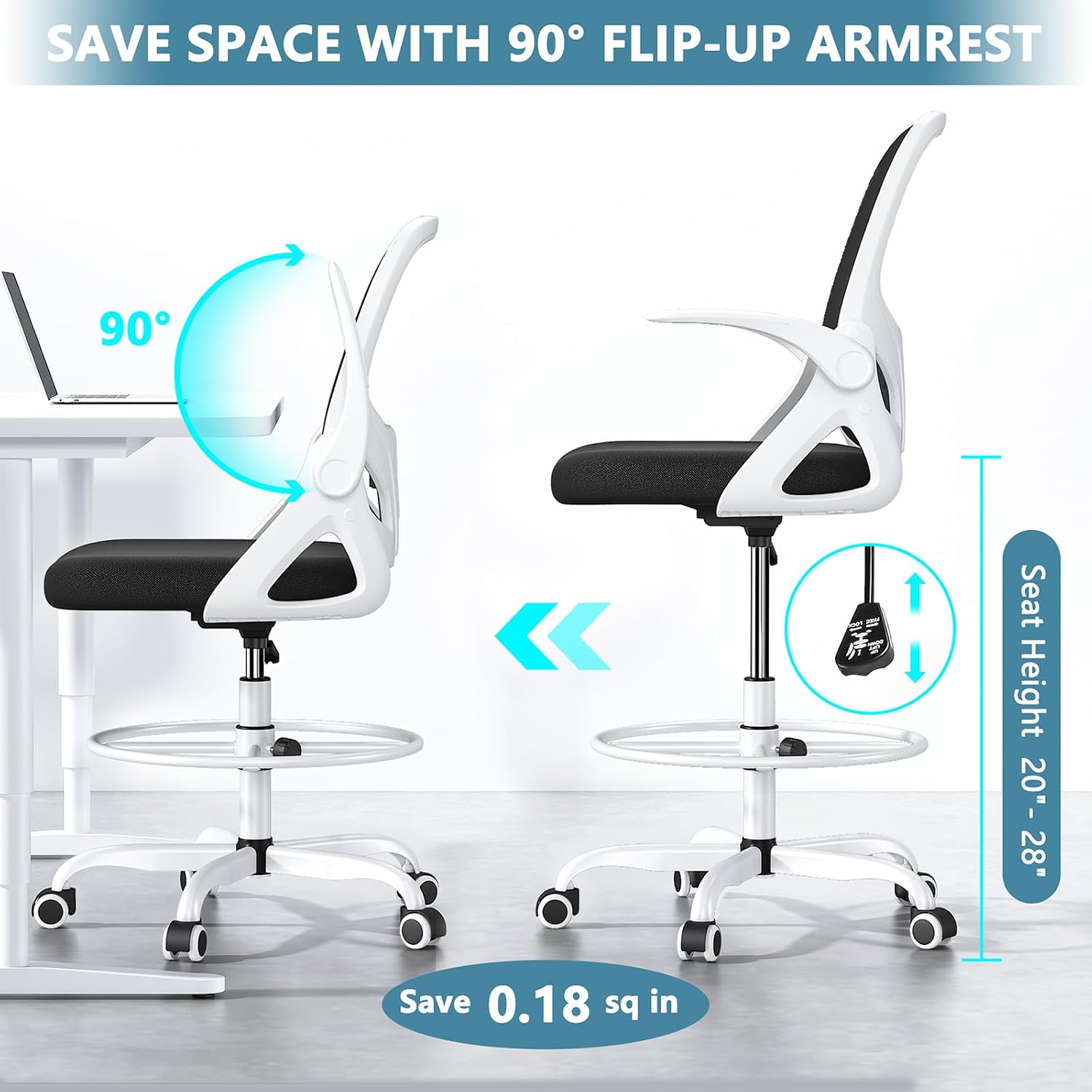 Kensaker Drafting Chair Tall Office Chair, Ergonomic Standing Desk Chair with Adjustable Foot Ring and Flip-up Armrests, Mesh Computer Chair for Art Studio, 300 LBS, White
