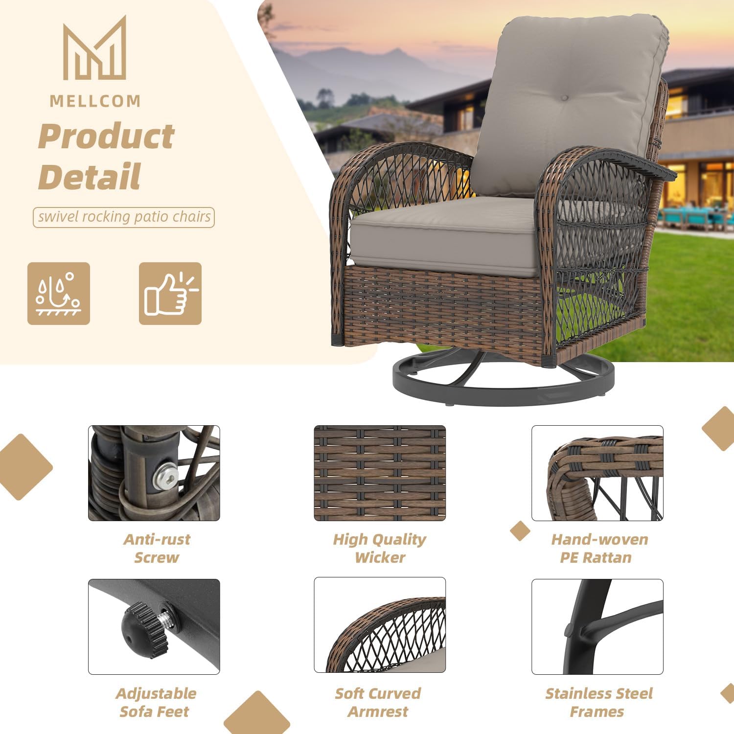 MELLCOM 3 Pieces Patio Furniture Set, Outdoor Swivel Rocker Patio Chairs, Wicker Patio Bistro Set with Rocking Chair, Thickened Cushions and Glass Coffee Table for Backyard, Garden, Grey