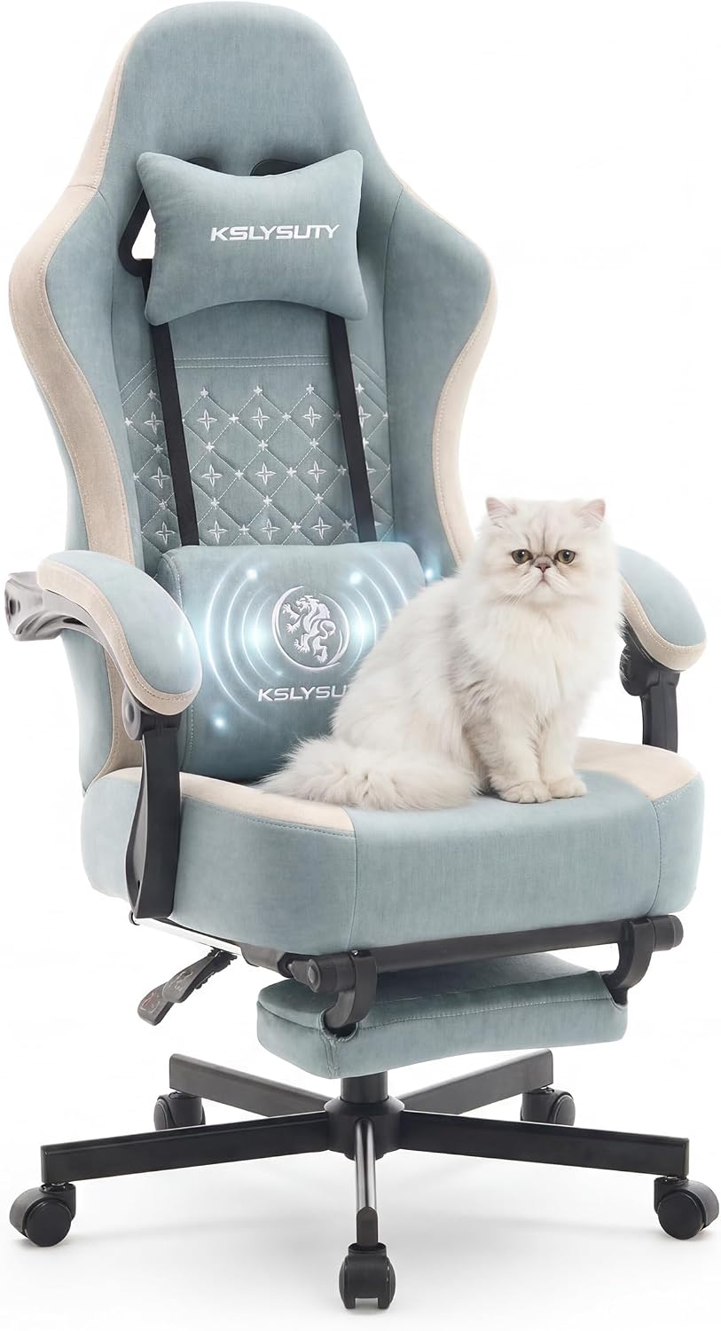 Gaming Chair Breathable Fabric with Pocket Spring Cushion, Wide and High Ergonomic Office Chair with Headrest, Computer Gaming Chair with Footrest for Adult and Teen (Blue Fabric)