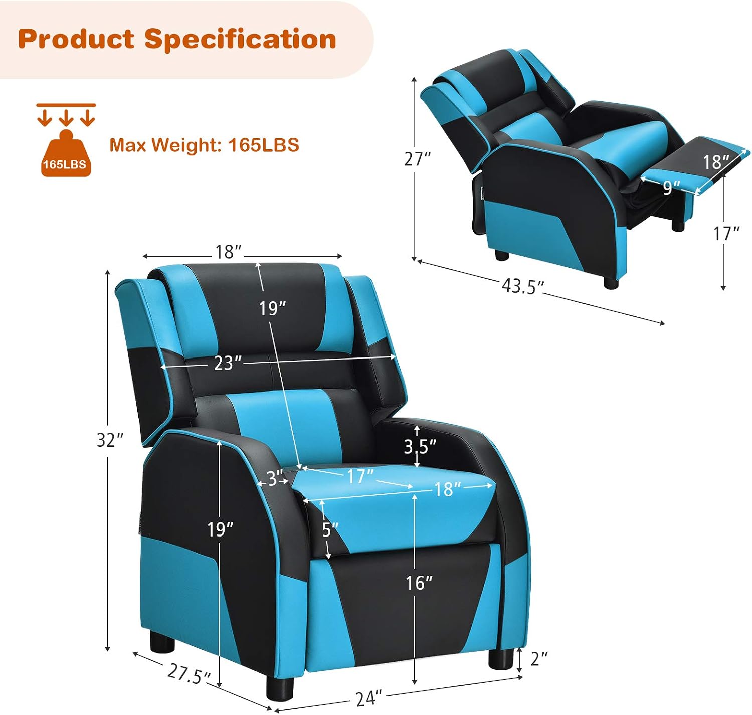 Giantex Kids Recliner, Gaming Recliner Chair with Footrest, Headrest & Lumbar Support, Ergonomic Leather Lounge Chair Toddler Furniture, Adjustable Racing Style Recliner Sofa for Boys Girls, Blue