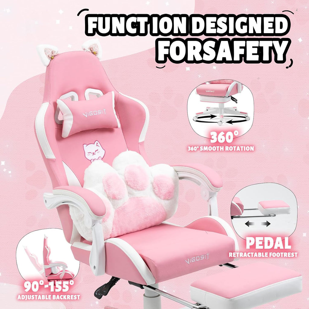 Vigosit Pink Cat Gaming Chair with Footrest, Ergonomic Cute Gamer Chair with Cat Ears, Comfortable Desk Computer Chair for Girls Adults
