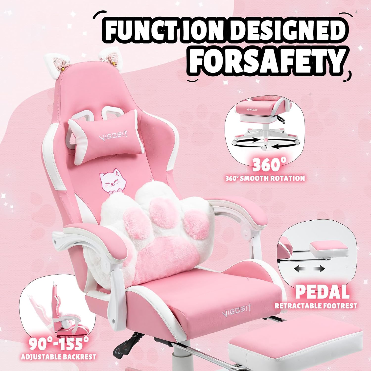 Vigosit Pink Cat Gaming Chair with Footrest, Ergonomic Cute Gamer Chair with Cat Ears, Comfortable Desk Computer Chair for Girls Adults
