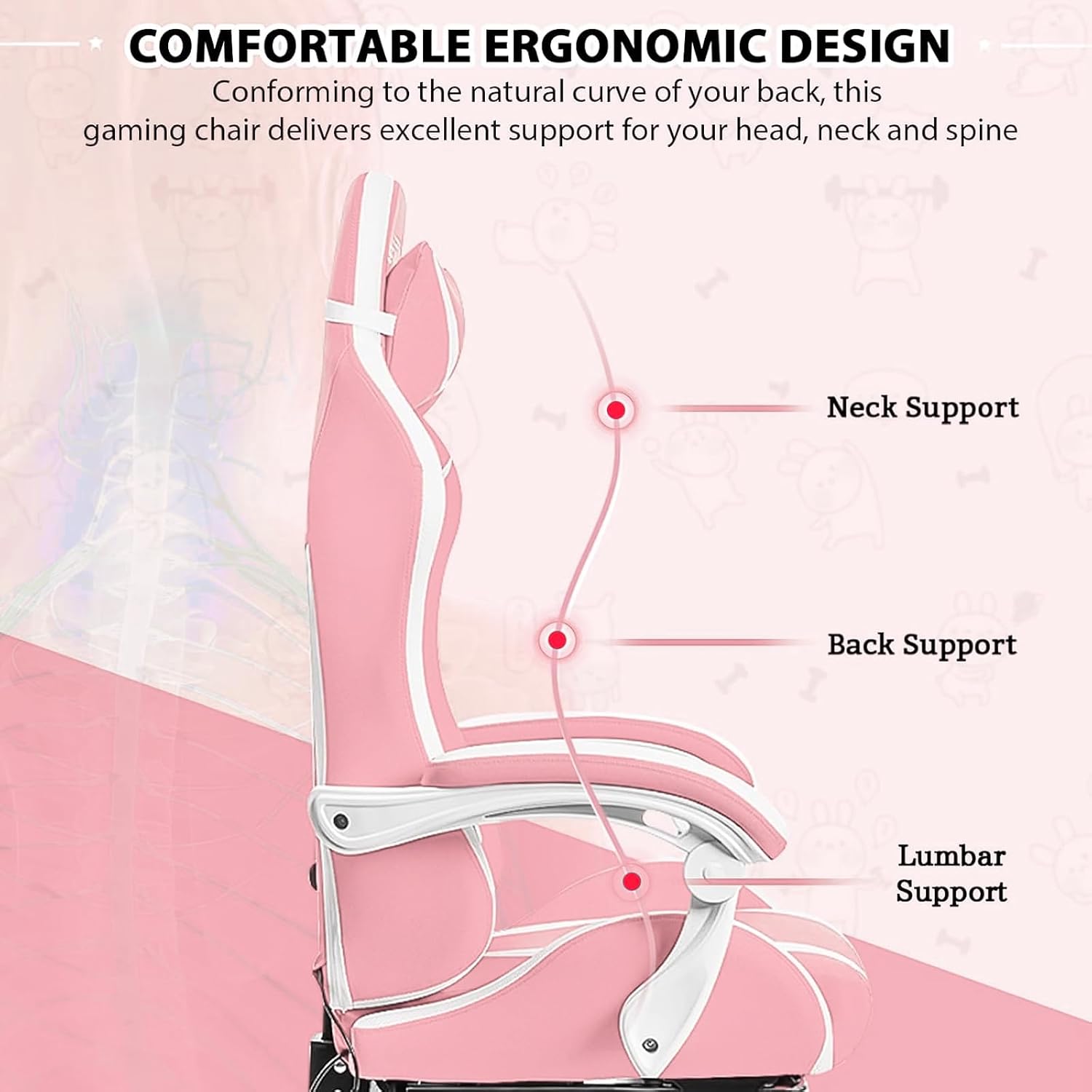 HOFFREE Gaming Chair with LED RGB Lights Massage Ergonomic Video Game Chairs with Footrest High Back Reclining Computer Chair with Adjustable Lumbar Support Pink and White
