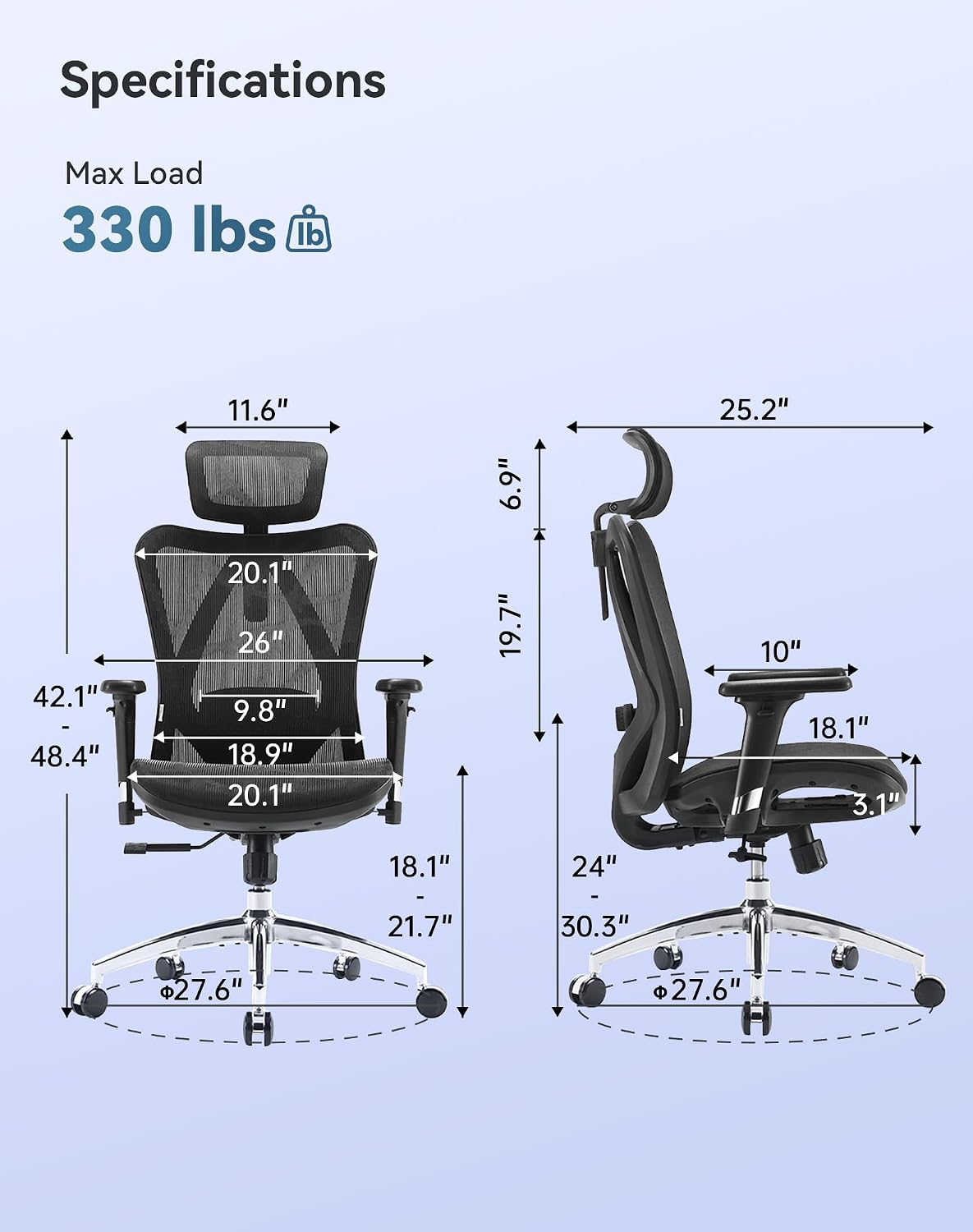 SIHOO M57 Ergonomic Mesh Office Chair, High Back Home Desk Chair with 3D Armrests, Lumbar Support and Adjustable Headrest, Comfortable Computer Chair, Big & Tall Office Chair Hold 330 LBS-Black