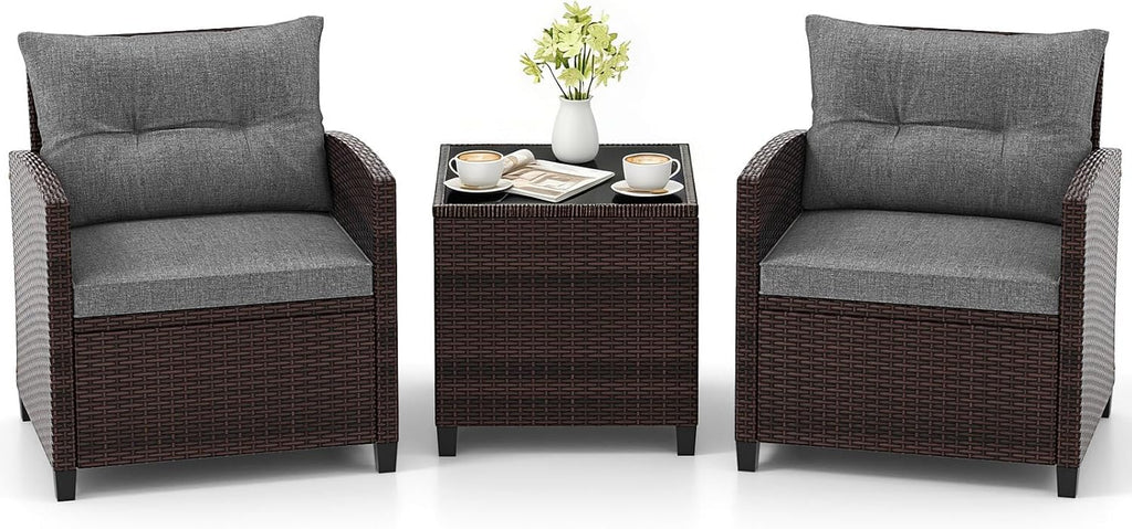 COSTWAY 3PCS Patio Furniture Set, PE Rattan Wicker Sofa w/Washable Cushion and Coffee Table, Tempered Glass Tabletop, Outdoor Conversation Set for Balcony, Porch, Yard, Backyard, Lawn (Grey)
