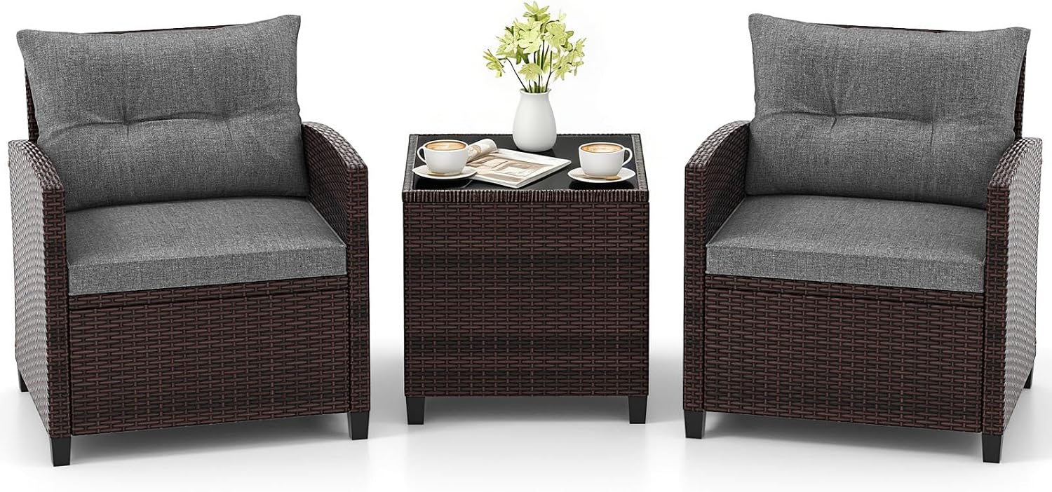 COSTWAY 3PCS Patio Furniture Set, PE Rattan Wicker Sofa w/Washable Cushion and Coffee Table, Tempered Glass Tabletop, Outdoor Conversation Set for Balcony, Porch, Yard, Backyard, Lawn (Grey)