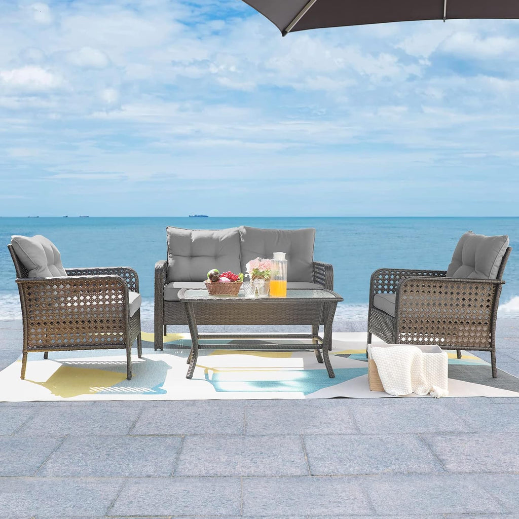Lepdep Patio Furniture Set Outdoor Furniture - 4 Pieces Wicker Patio Conversation Sets with Loveseat, Rattan Seating Outside Patio Set Coffee Table Chair for Lawn, Deck, Balcony, Backyard. (Grey)
