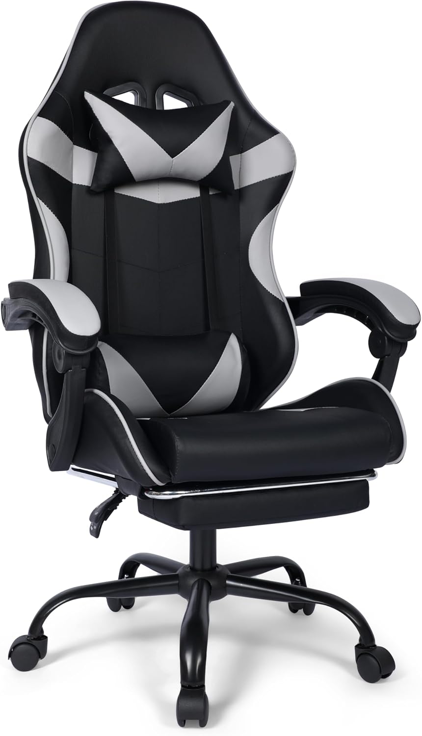 FAB&Deluxe Gaming Chair, Ergonomic Computer Office Chair with Footrest and Lumbar Support, Height Adjustable Desk Chair with 360° Swivel Seat and Headrest, Grey & Black